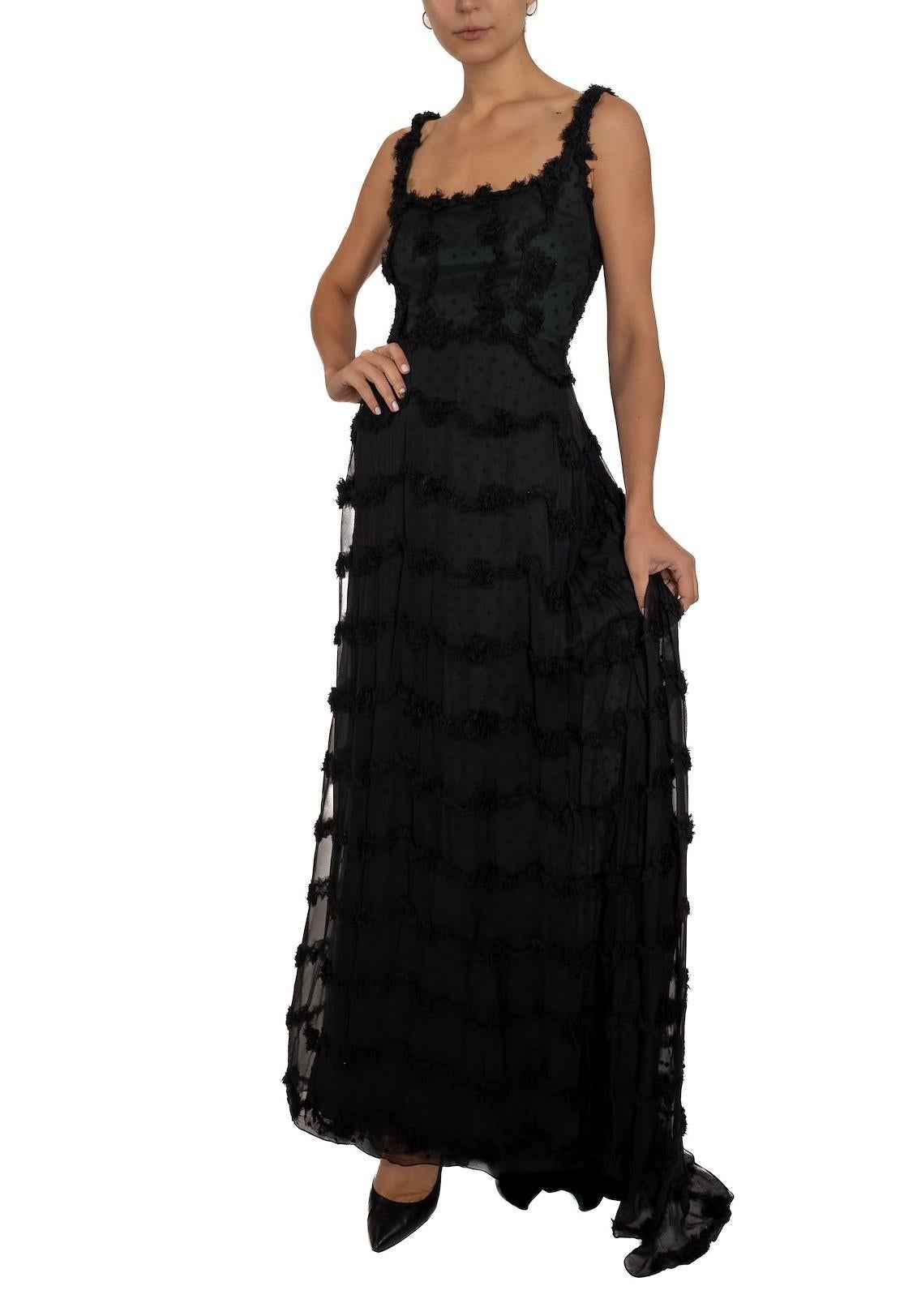 1990S Black Shredded Silk Chiffon Gown Lined In Hunter Green Satin For Sale 5
