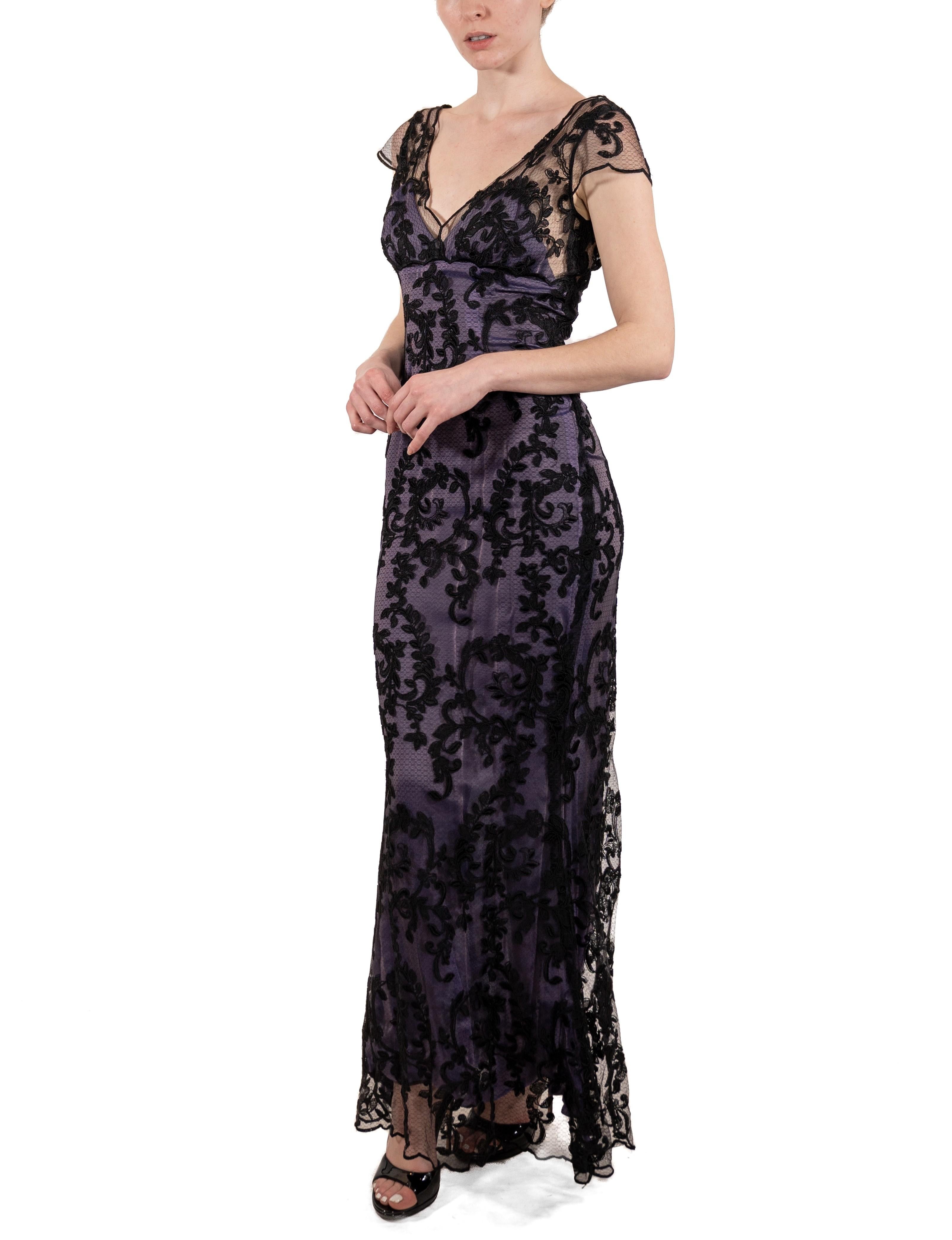 This gown retains no label, however the amount of hand-finishing points to Haute Couture or custom made quality, fully lined in silk. 1990S Black Silk Blend Chantilly Lace Gown With Lavender Underlayer 