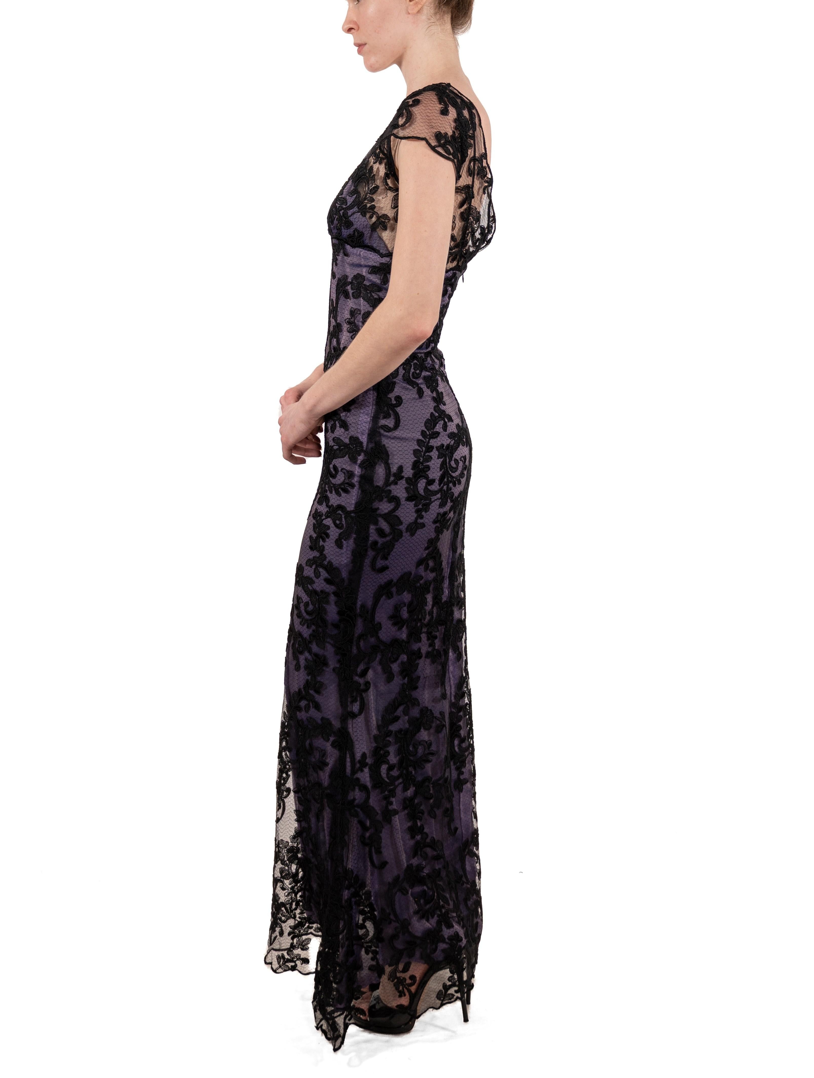 1990S Black Silk Blend Chantilly Lace Gown With Lavender Underlayer In Good Condition For Sale In New York, NY