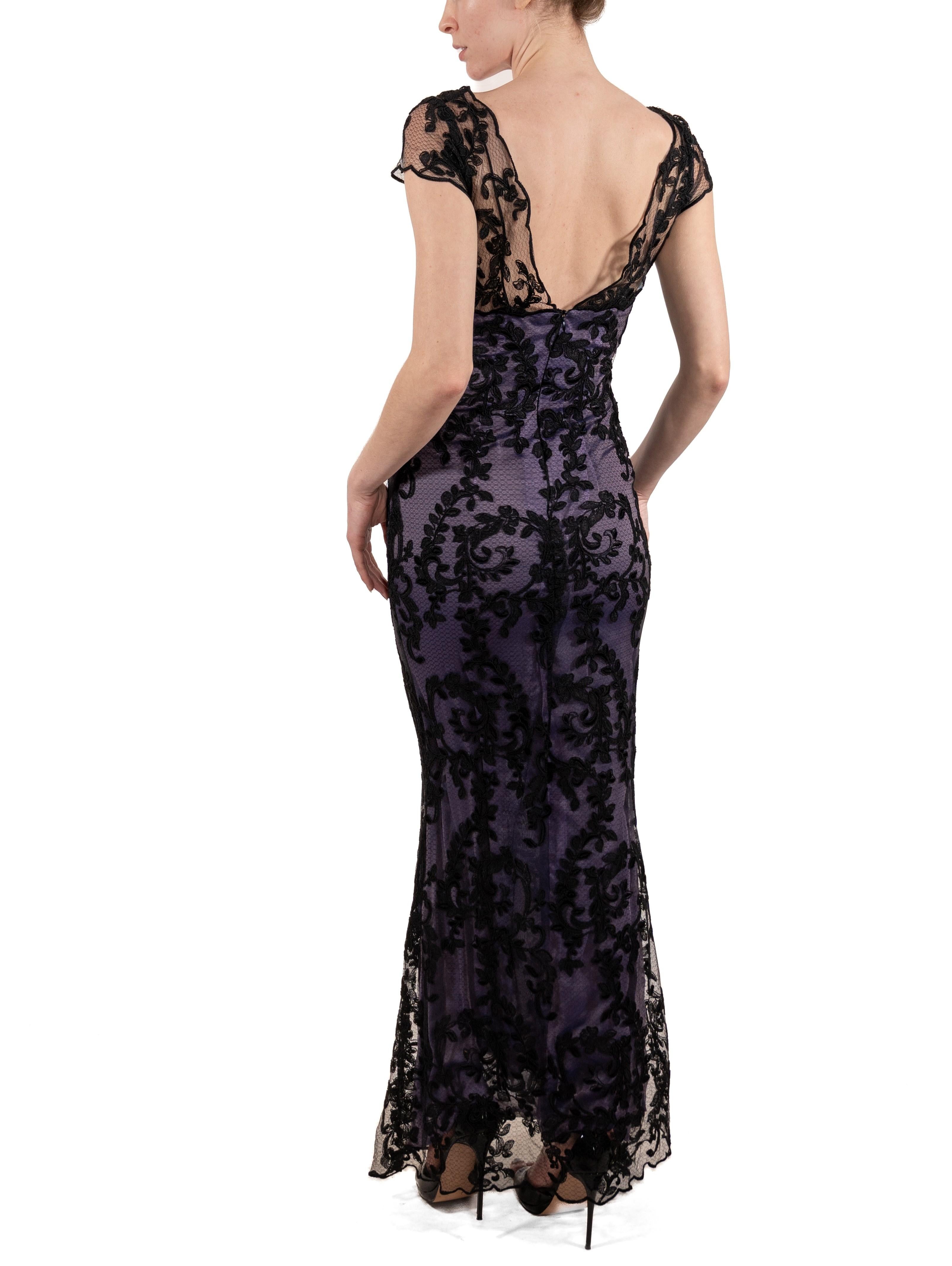 Women's 1990S Black Silk Blend Chantilly Lace Gown With Lavender Underlayer For Sale