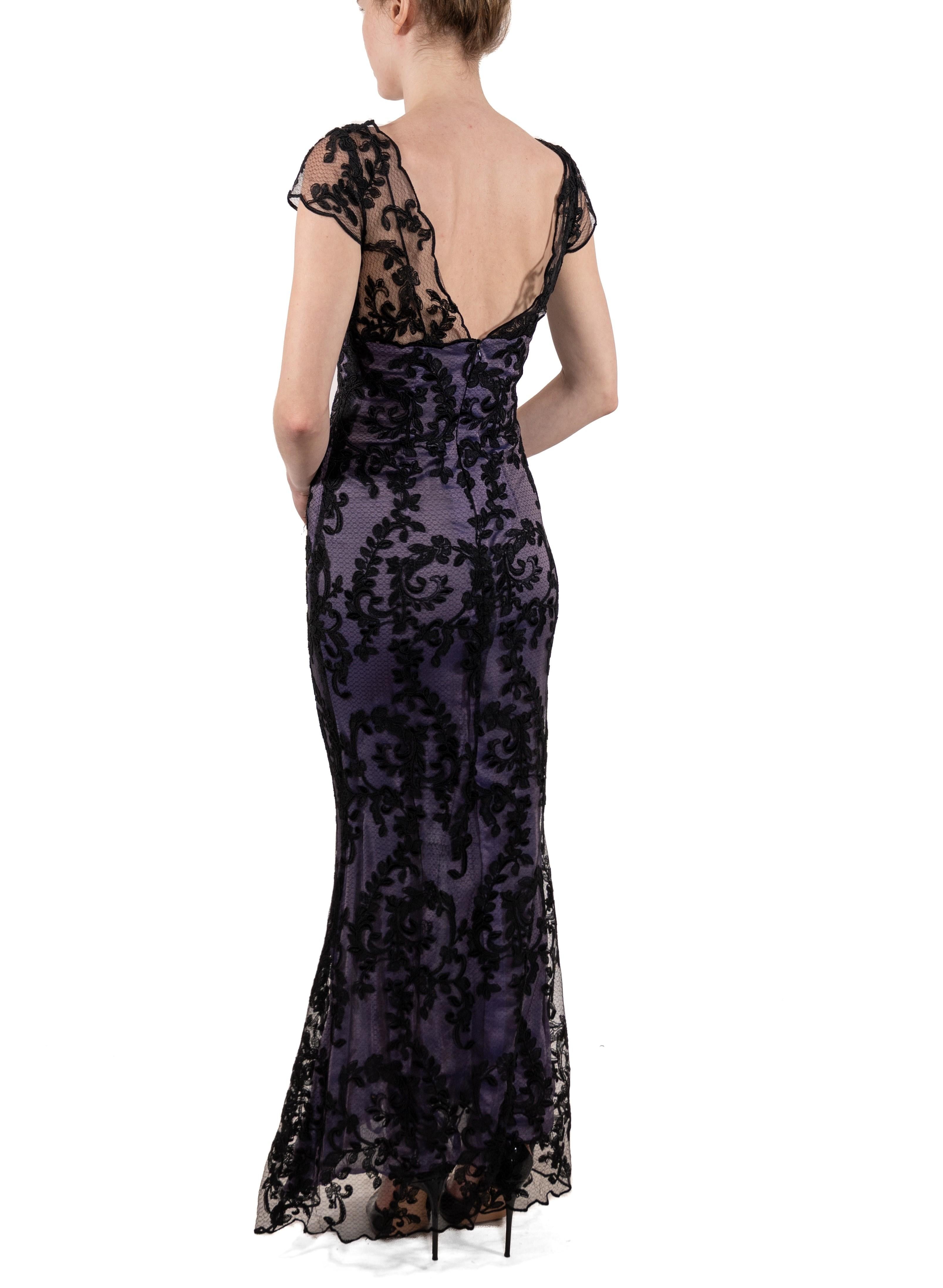 1990S Black Silk Blend Chantilly Lace Gown With Lavender Underlayer For Sale 1