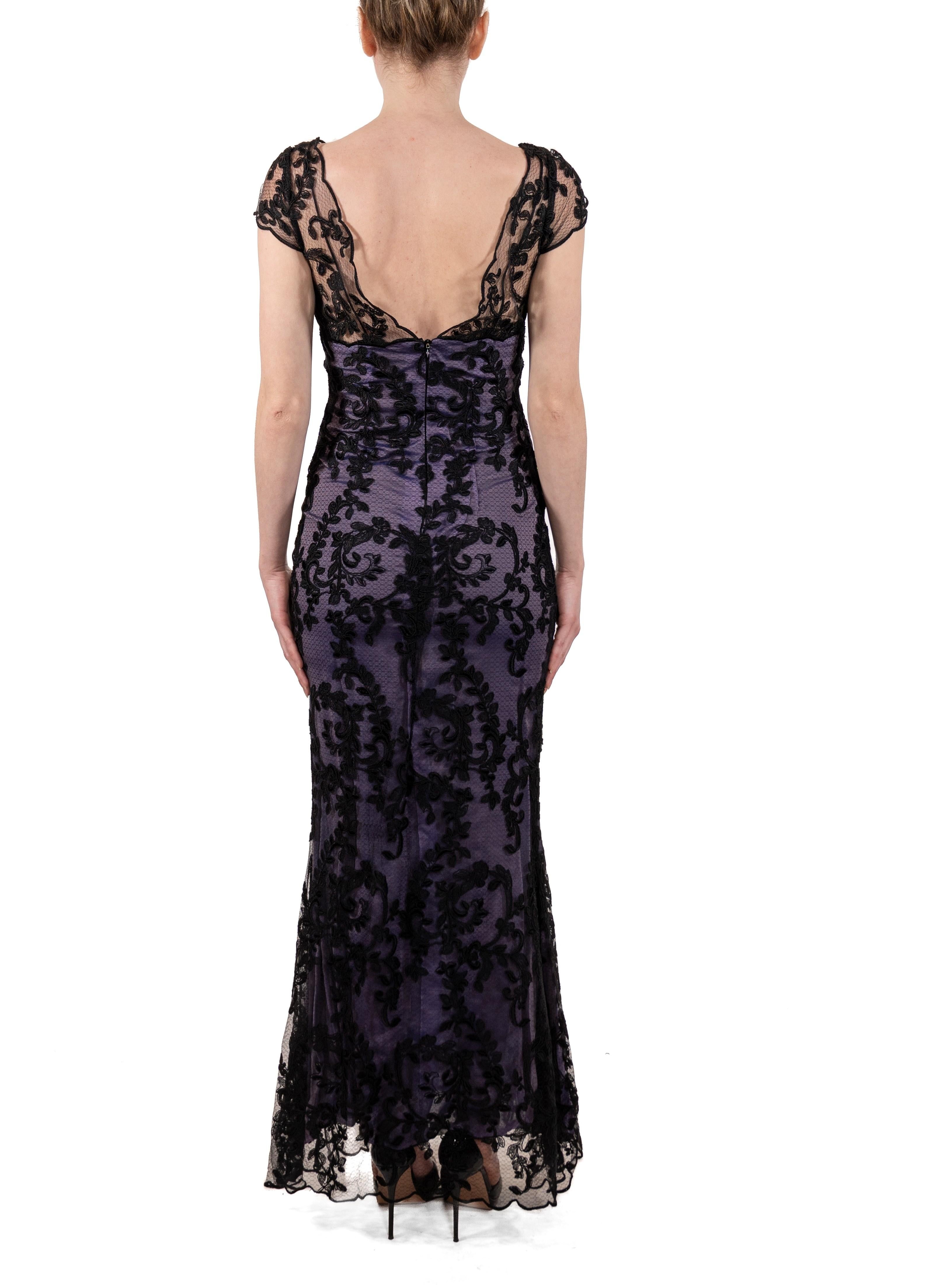 1990S Black Silk Blend Chantilly Lace Gown With Lavender Underlayer For Sale 2