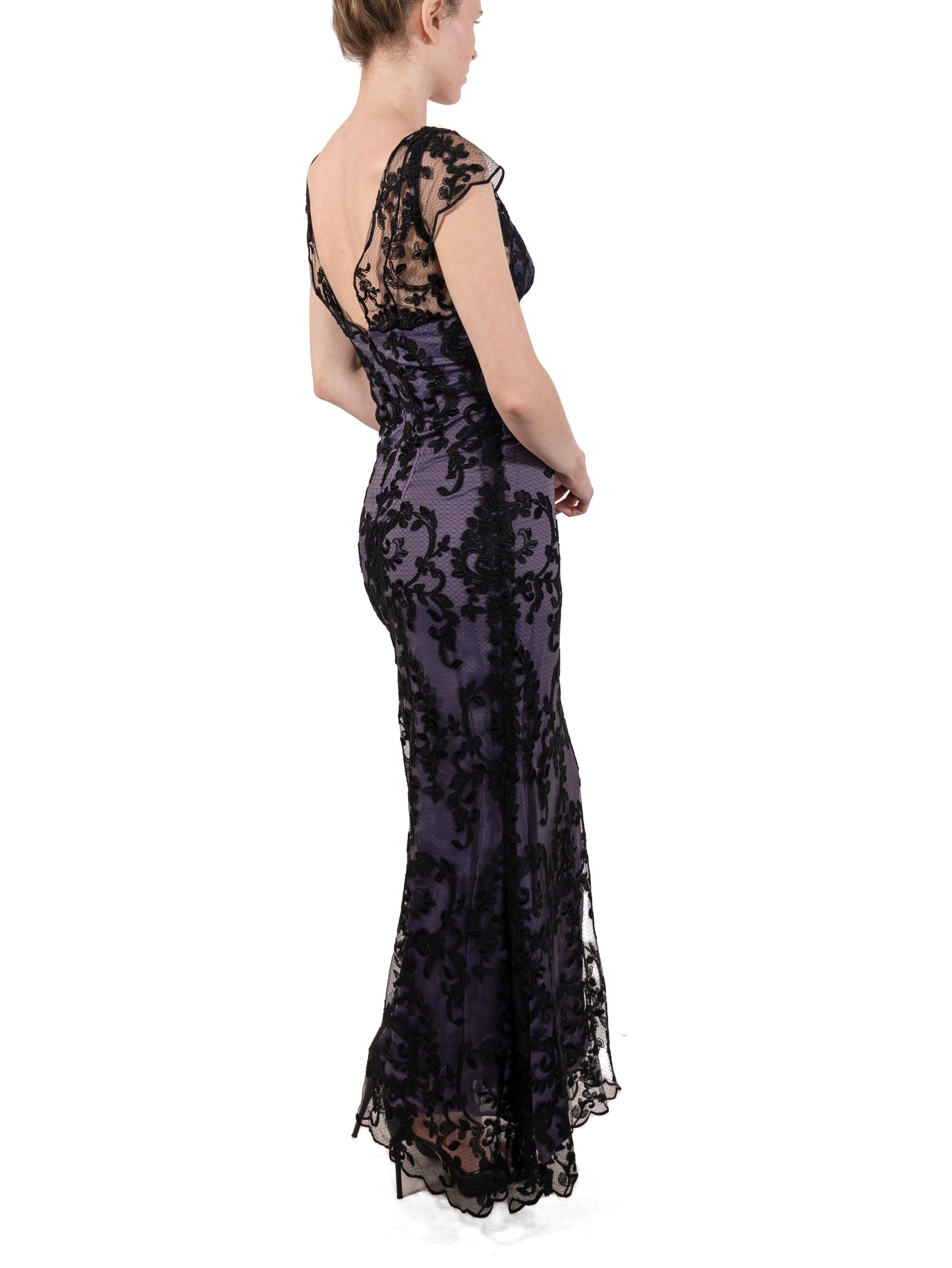 1990S Black Silk Blend Chantilly Lace Gown With Lavender Underlayer For Sale 3