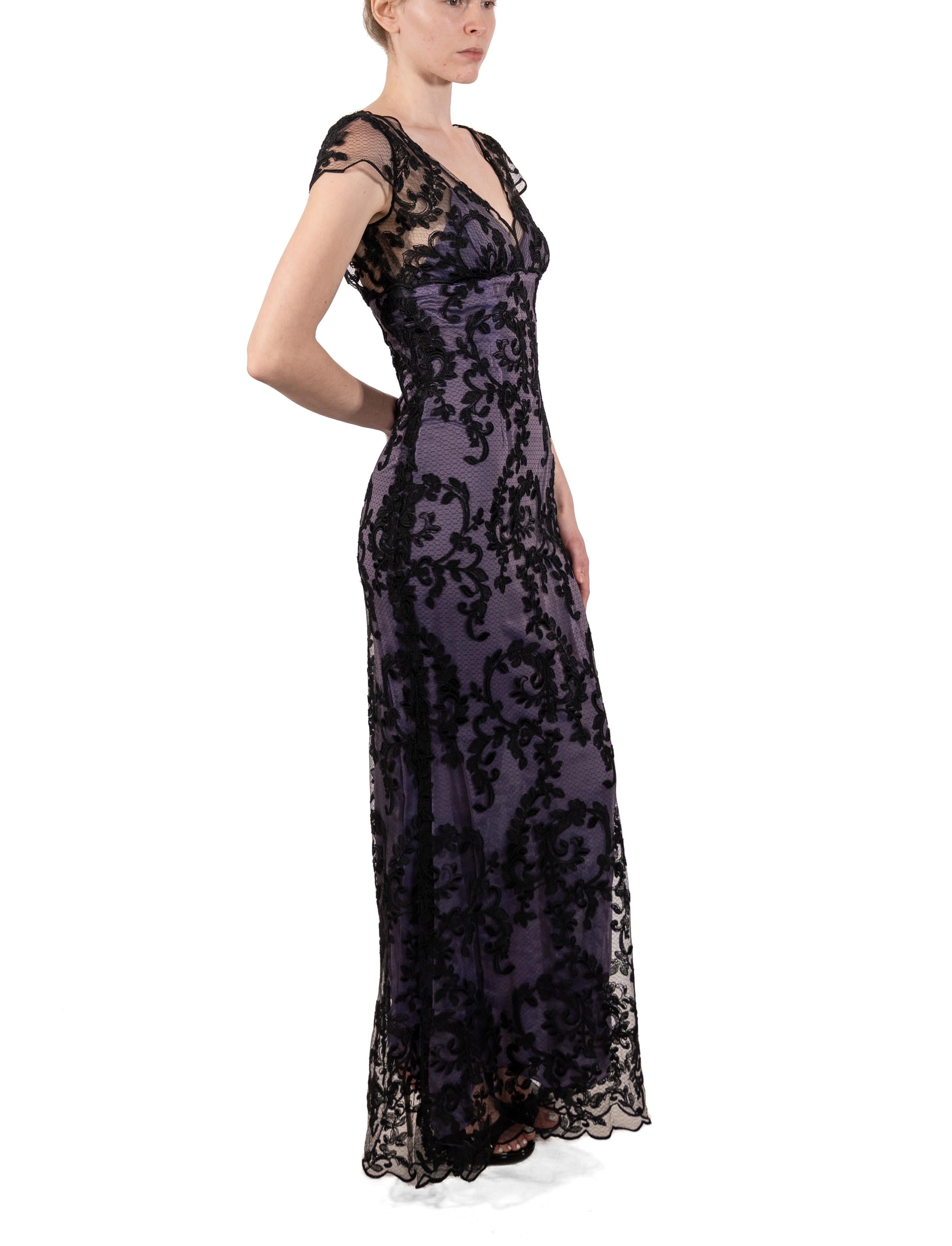 1990S Black Silk Blend Chantilly Lace Gown With Lavender Underlayer For Sale 4