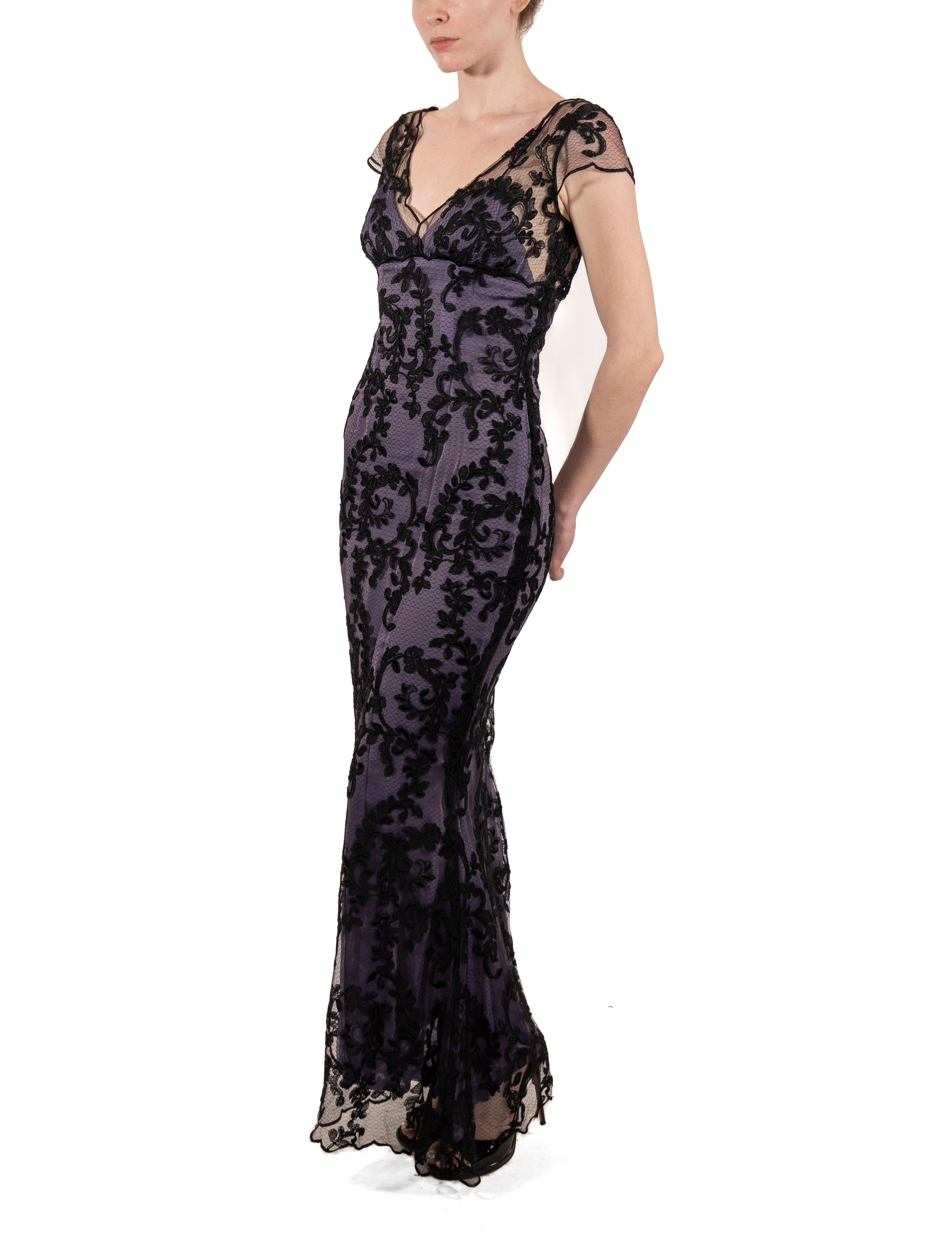 1990S Black Silk Blend Chantilly Lace Gown With Lavender Underlayer For Sale 5