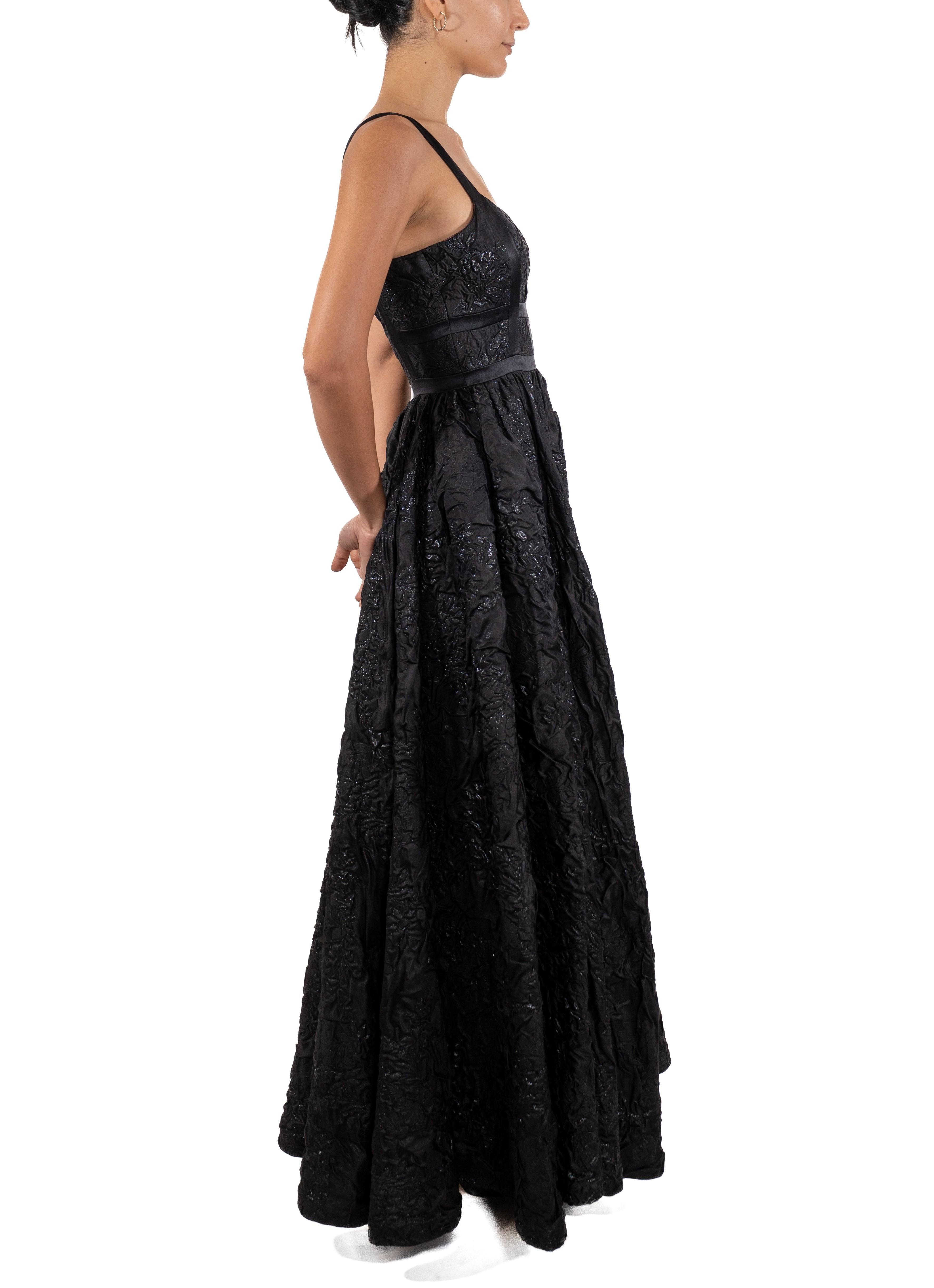 Women's 1990S Black Silk Blend Matelassé Full Skirted Ball Gown Lined In Hot Pink With For Sale