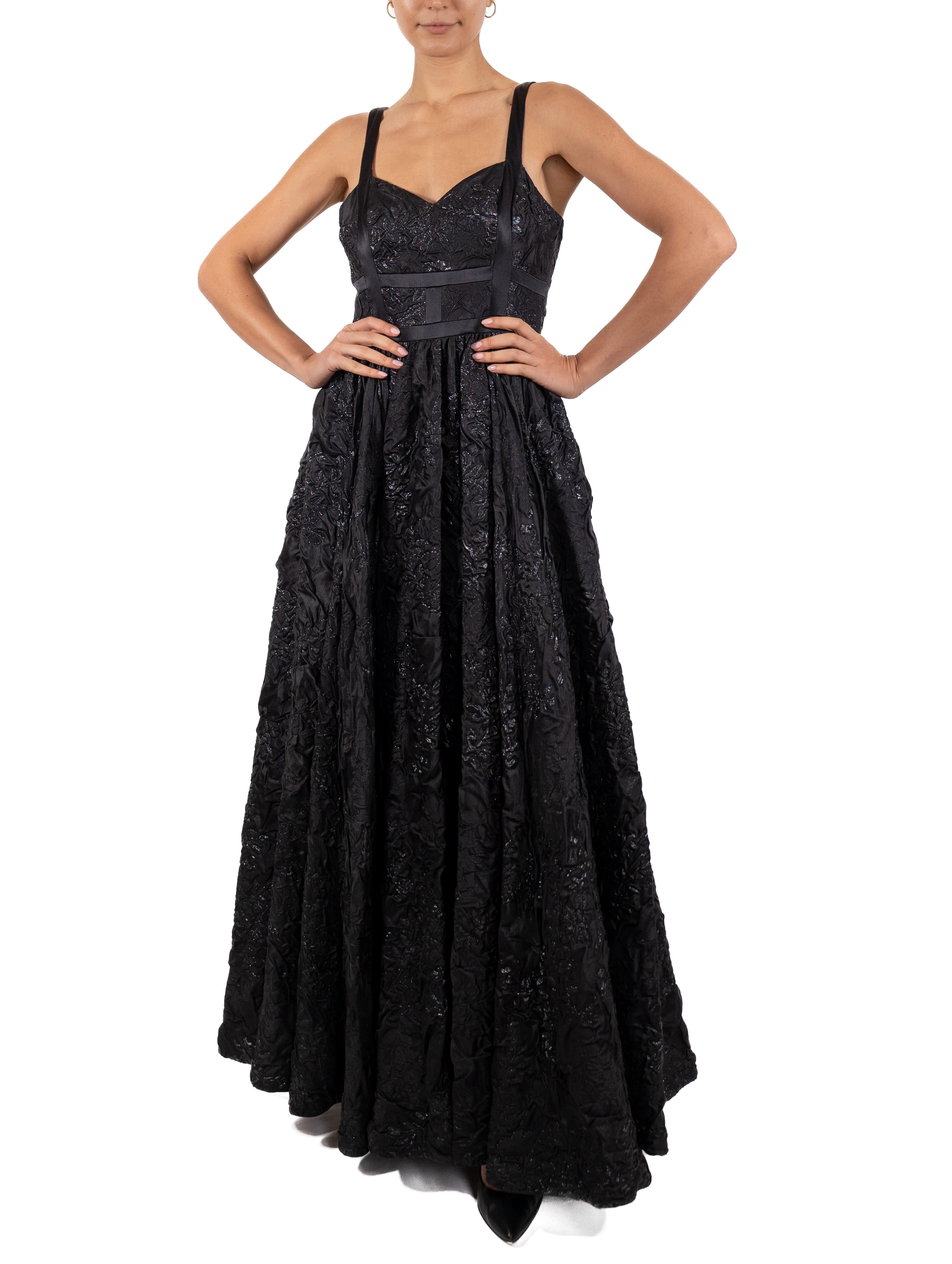 1990S Black Silk Blend Matelassé Full Skirted Ball Gown Lined In Hot Pink With For Sale 1