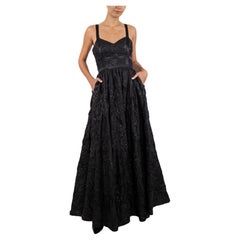 Vintage 1990S Black Silk Blend Matelassé Full Skirted Ball Gown Lined In Hot Pink With