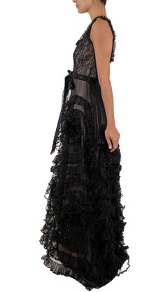 1990S Black Silk Chantilly Lace & Net Ruffled Ball Gown Lined In Lilac Charmeuse