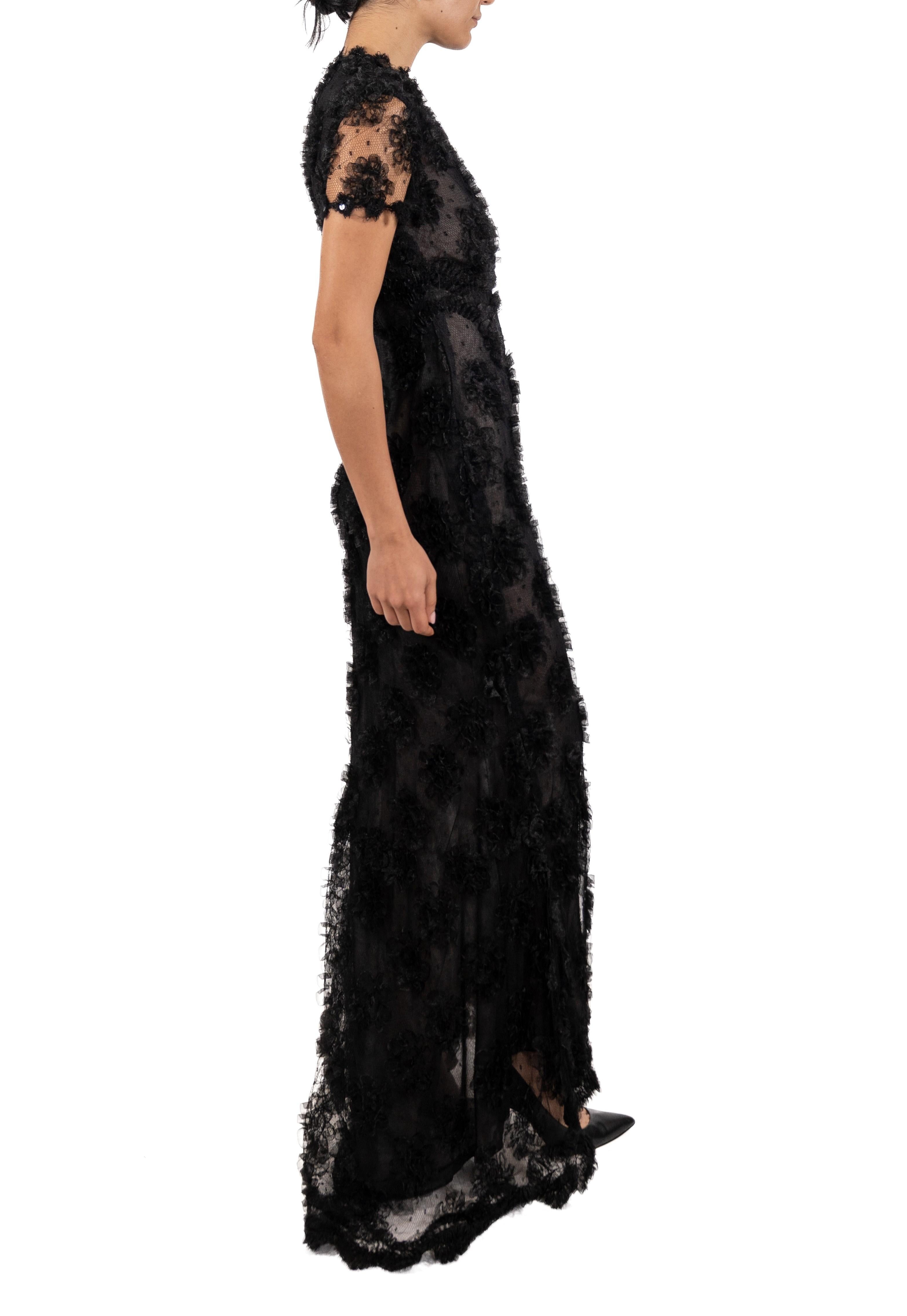 1990S Black Silk Chantilly Lace Short Sleeved Gown With Ribbon Flowers In Good Condition For Sale In New York, NY