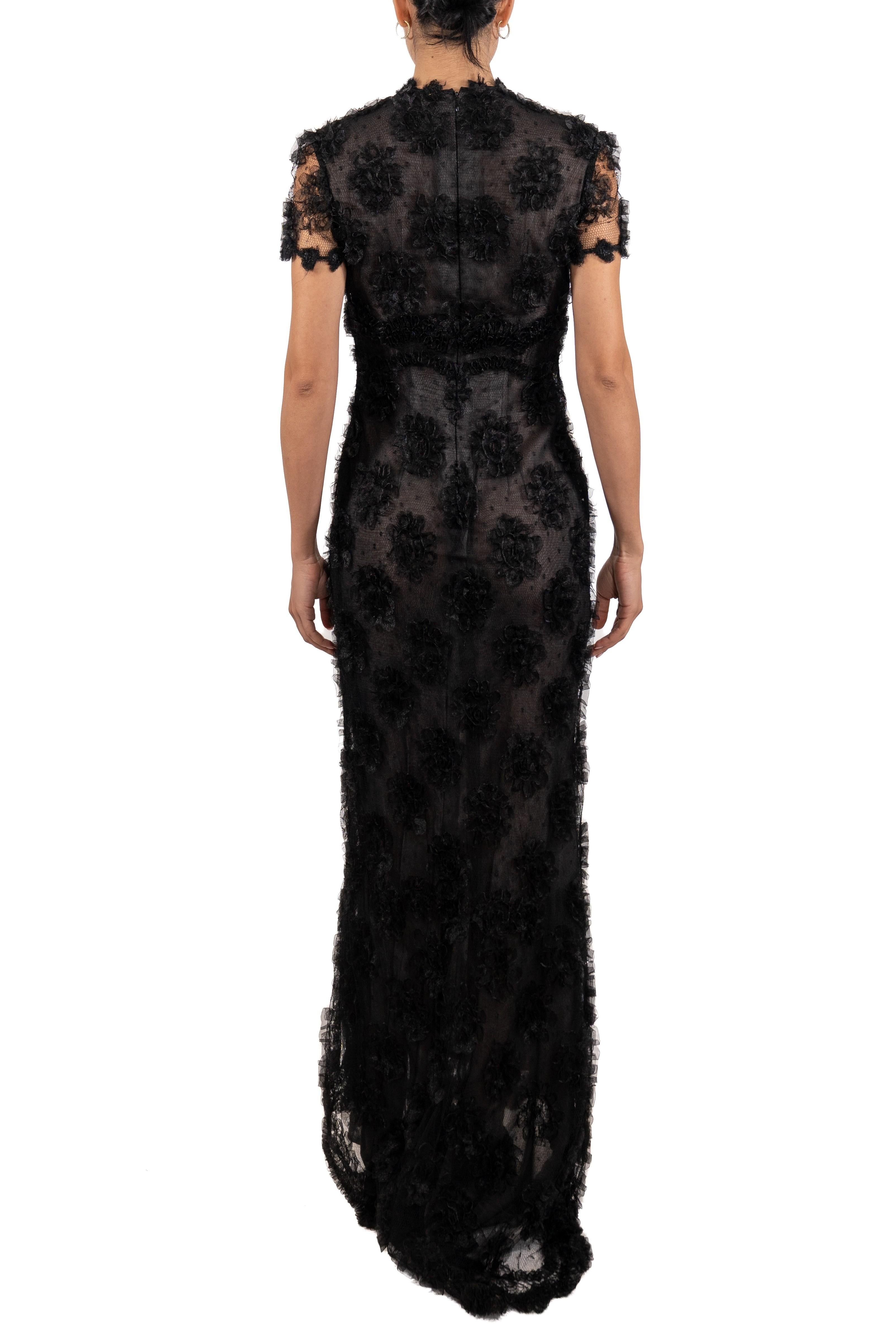 1990S Black Silk Chantilly Lace Short Sleeved Gown With Ribbon Flowers For Sale 5