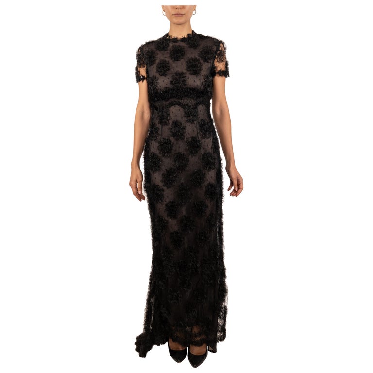 1990s Black Silk Chantilly Lace Short Sleeved Gown With Ribbon Flowers 1990s Black Silk Chantilly Lace Short Sleeved Gown With Ribbon Flowers