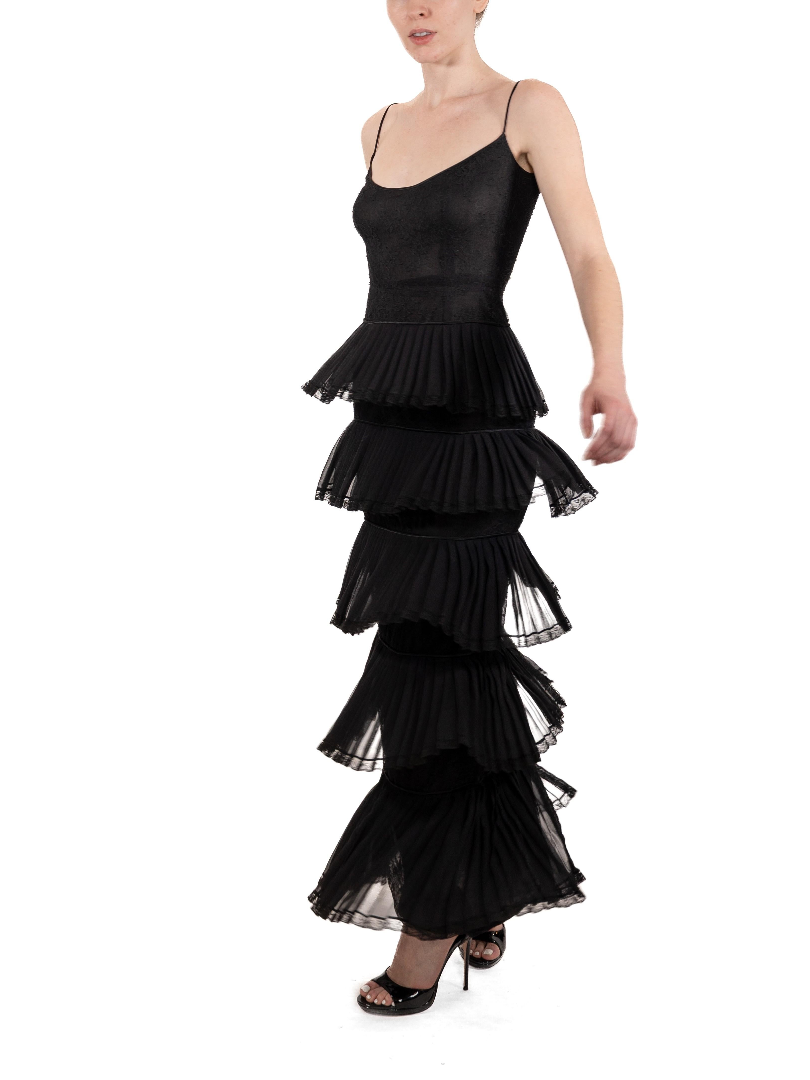 1990S Black Silk Chiffon & Lace Gown With Ruffled Skirt 6