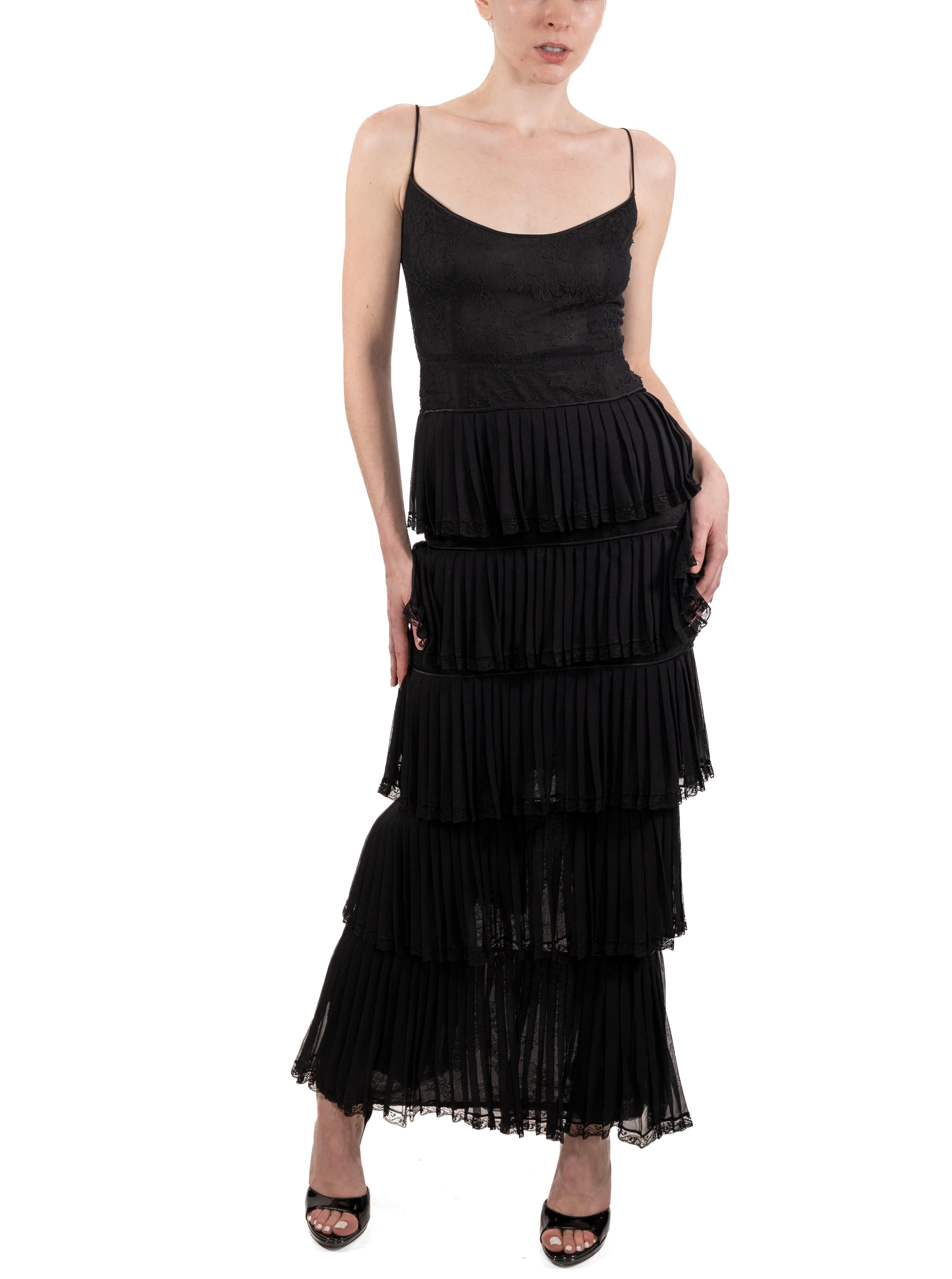 1990S Black Silk Chiffon & Lace Gown With Ruffled Skirt In Good Condition In New York, NY