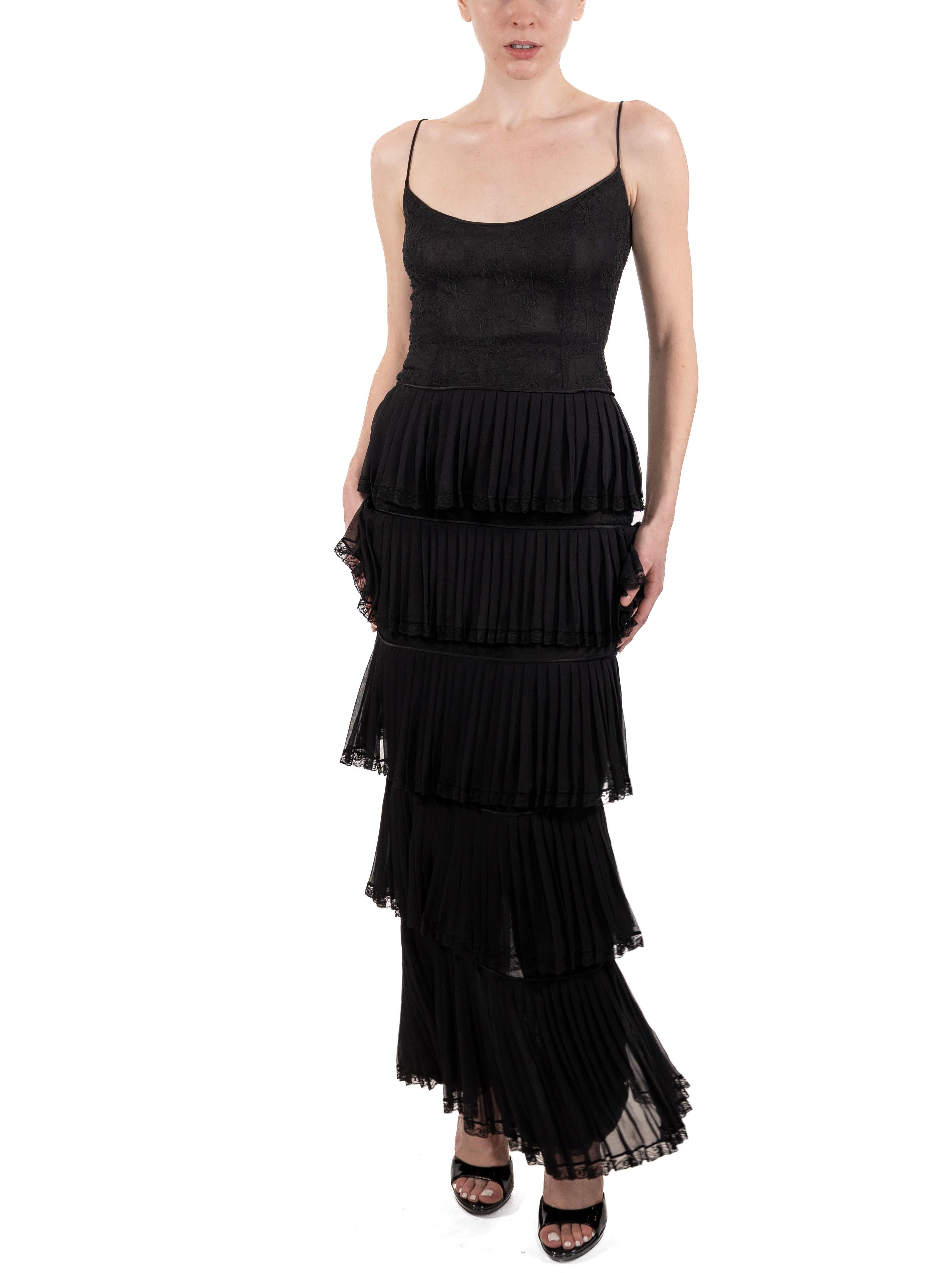 Women's 1990S Black Silk Chiffon & Lace Gown With Ruffled Skirt
