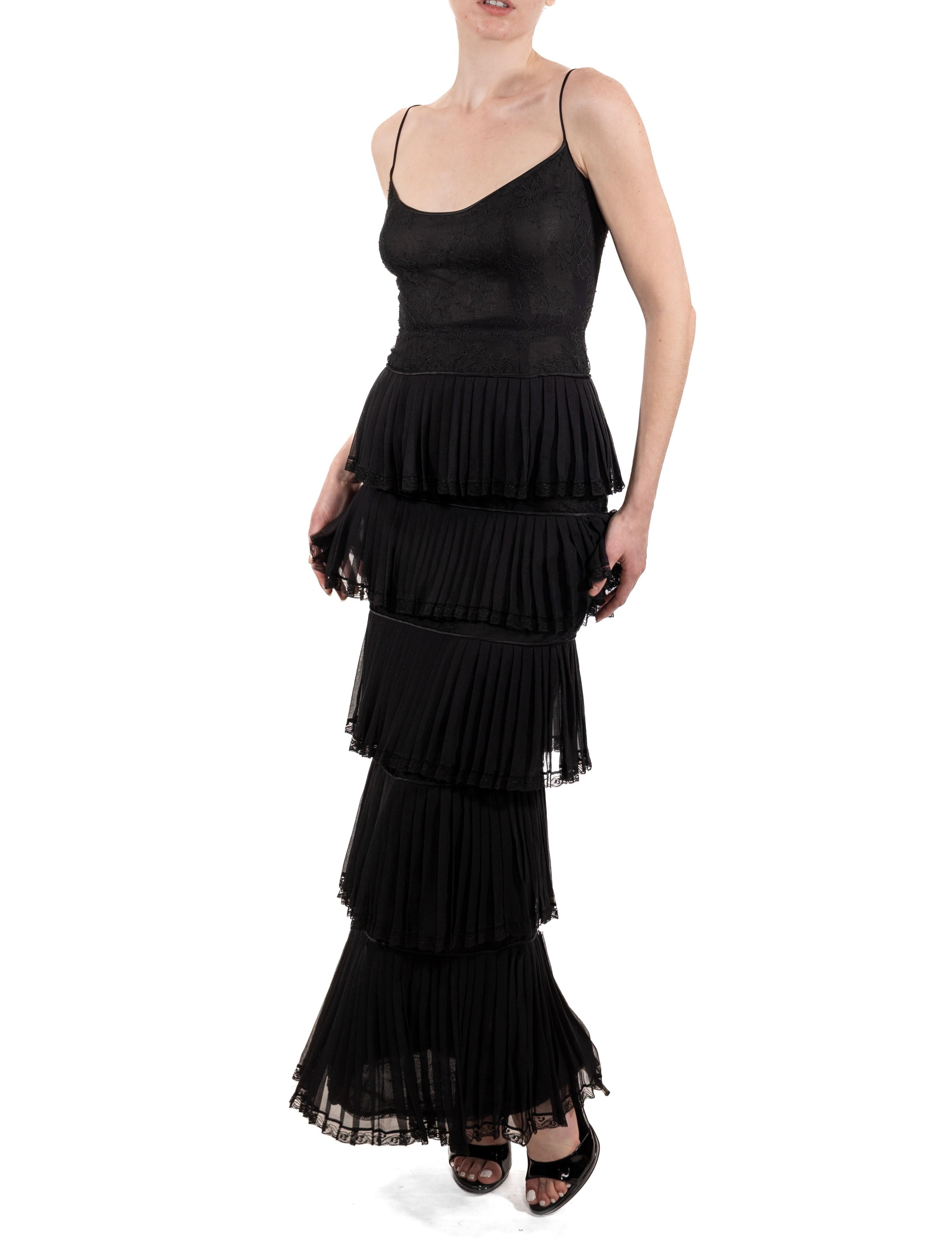 1990S Black Silk Chiffon & Lace Gown With Ruffled Skirt 1