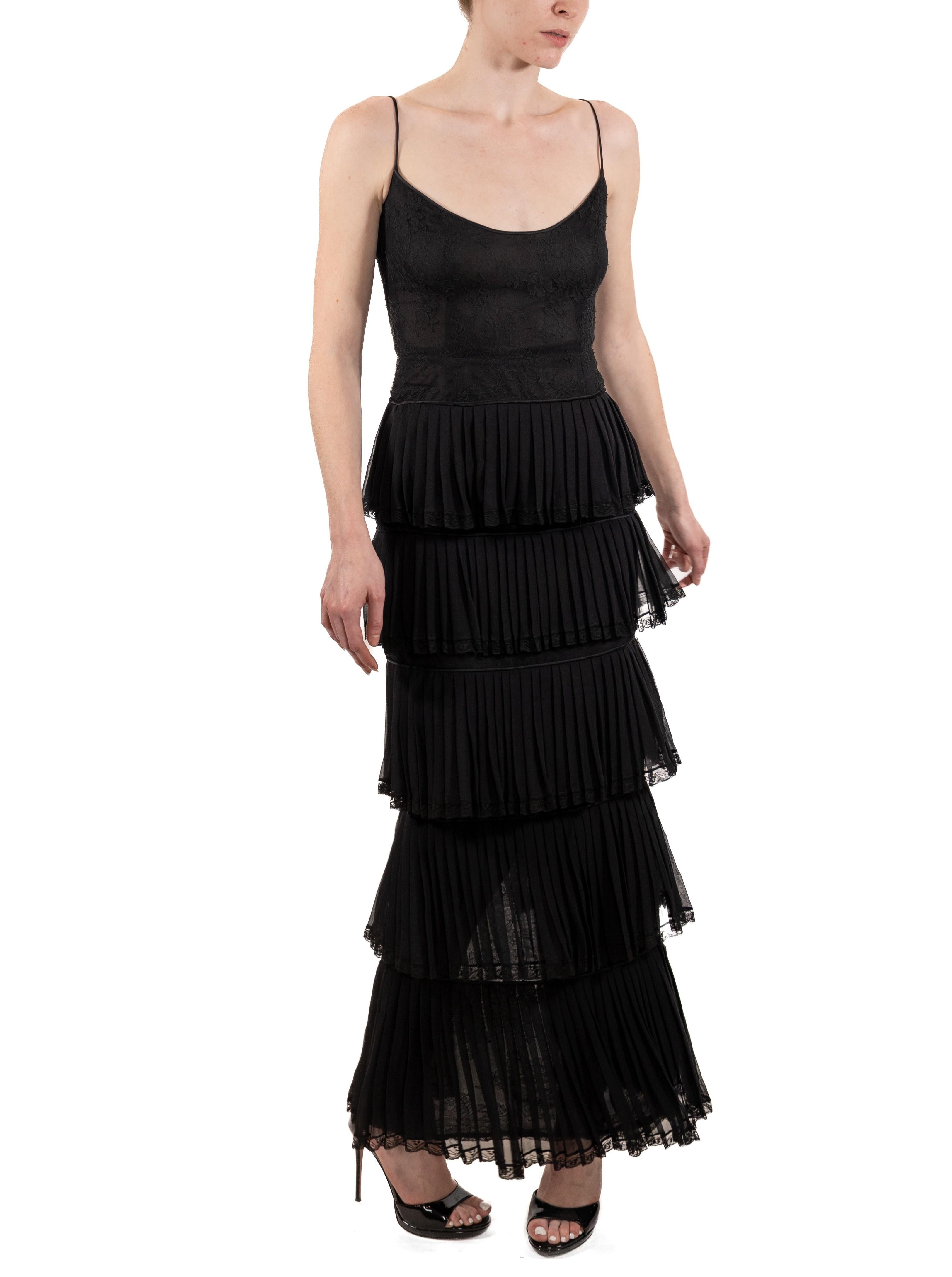 1990S Black Silk Chiffon & Lace Gown With Ruffled Skirt 3