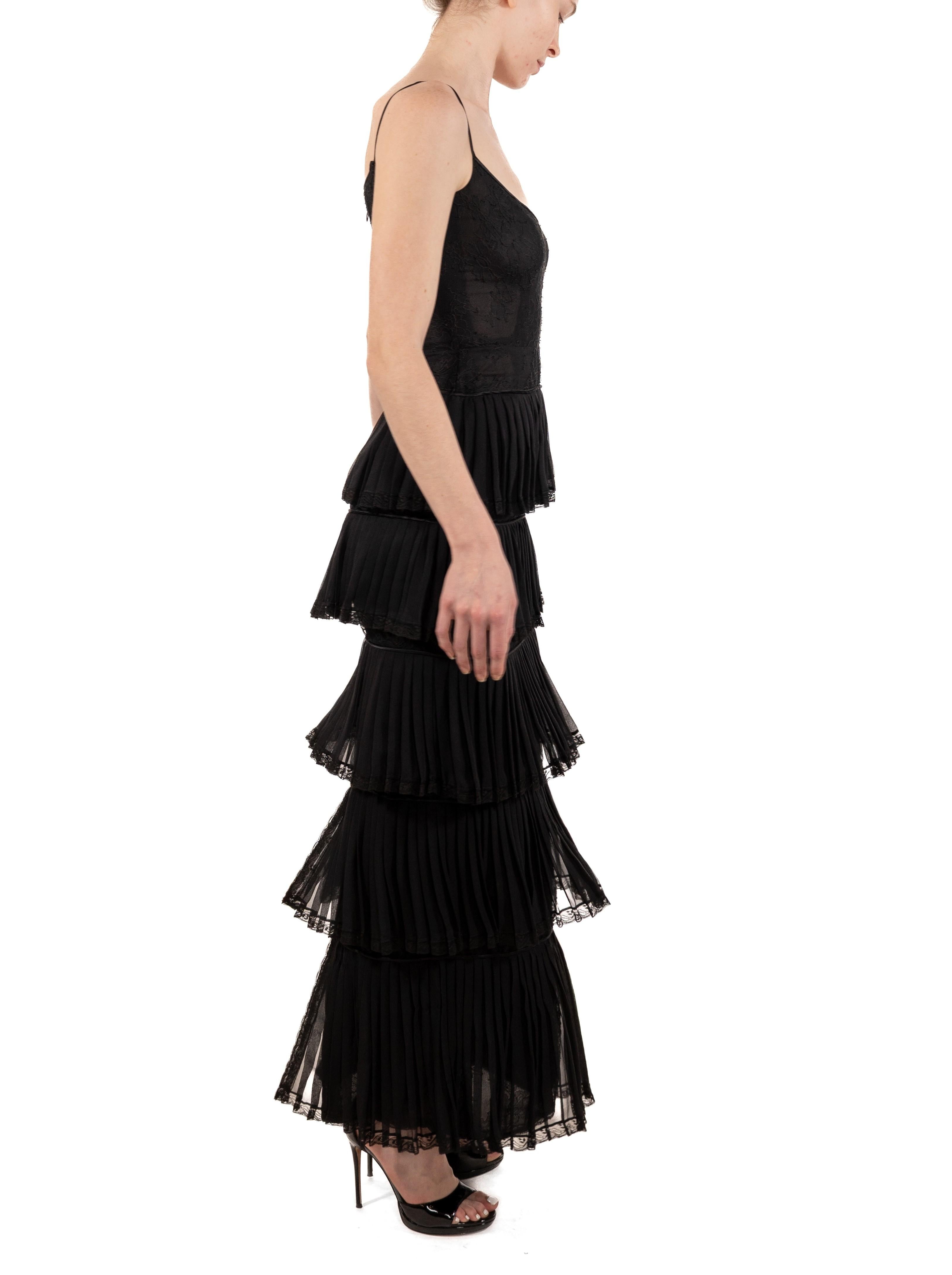 1990S Black Silk Chiffon & Lace Gown With Ruffled Skirt 4