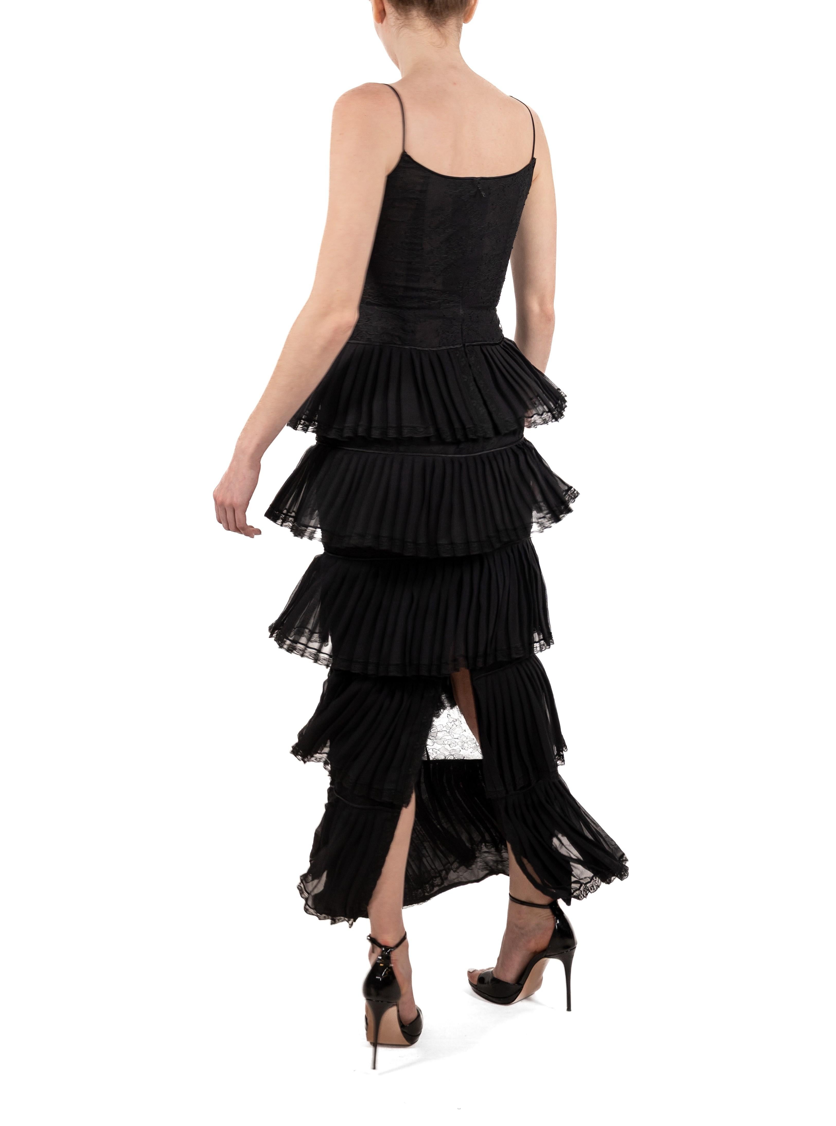 1990S Black Silk Chiffon & Lace Gown With Ruffled Skirt 5