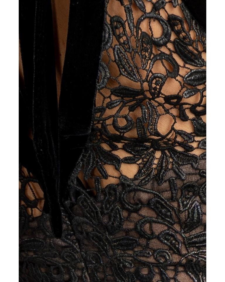 1990S Chiffon de soie noire et dentelle  Robe avec détachement en velours en vente 3