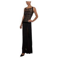 1990S Chiffon de soie noire et dentelle  Robe avec détachement en velours