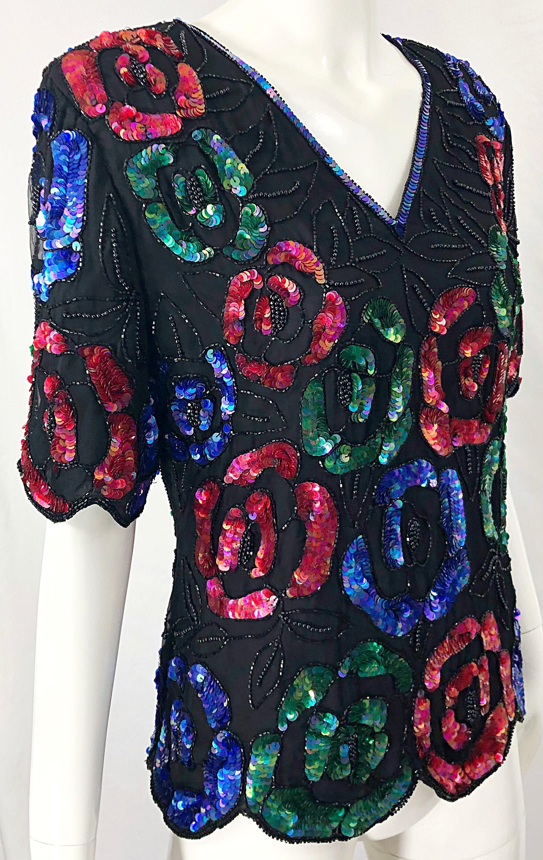 1990s Black Silk Chiffon Sequin Beaded Flower Short Sleeve Vintage 90s Shirt Top For Sale 3