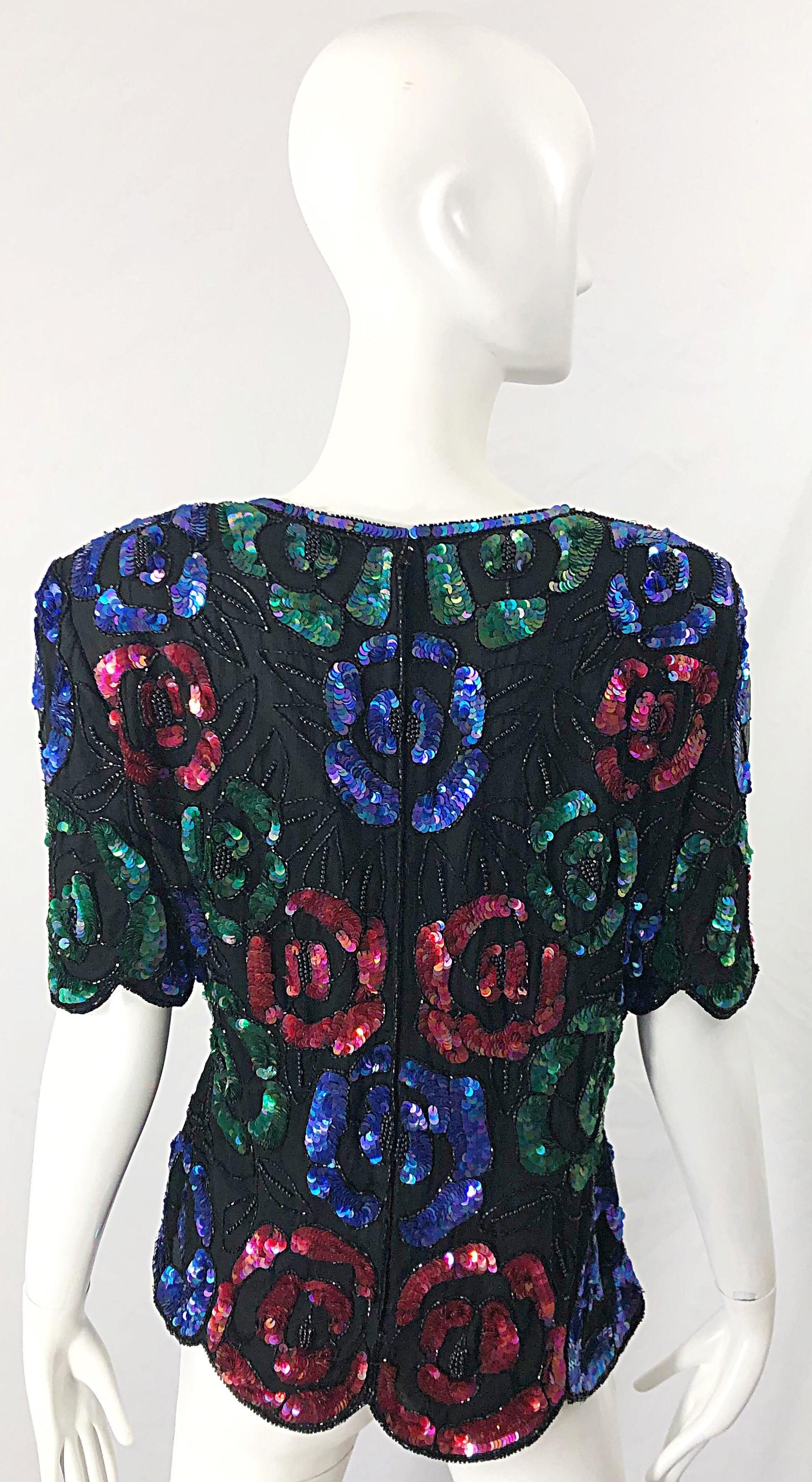 1990s Black Silk Chiffon Sequin Beaded Flower Short Sleeve Vintage 90s Shirt Top For Sale 4