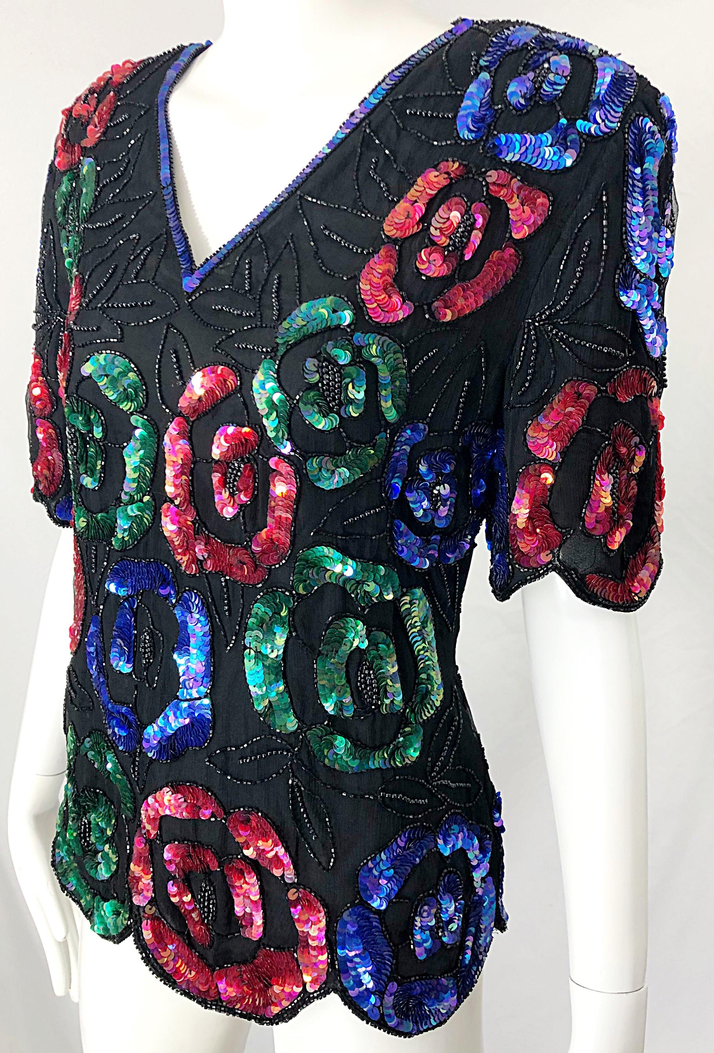 1990er Schwarzes Kurzärmeliges Vintage 90er Shirt Top aus Seide und Chiffon mit Pailletten, Perlen und Blumen im Angebot 8