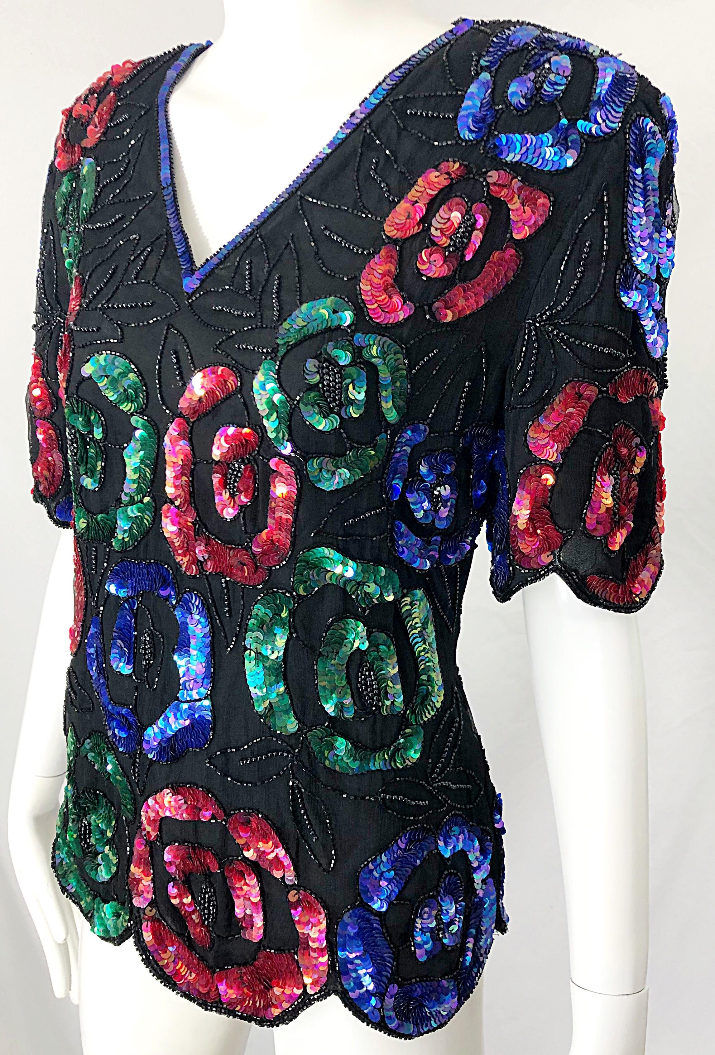 1990s Black Silk Chiffon Sequin Beaded Flower Short Sleeve Vintage 90s Shirt Top For Sale 5