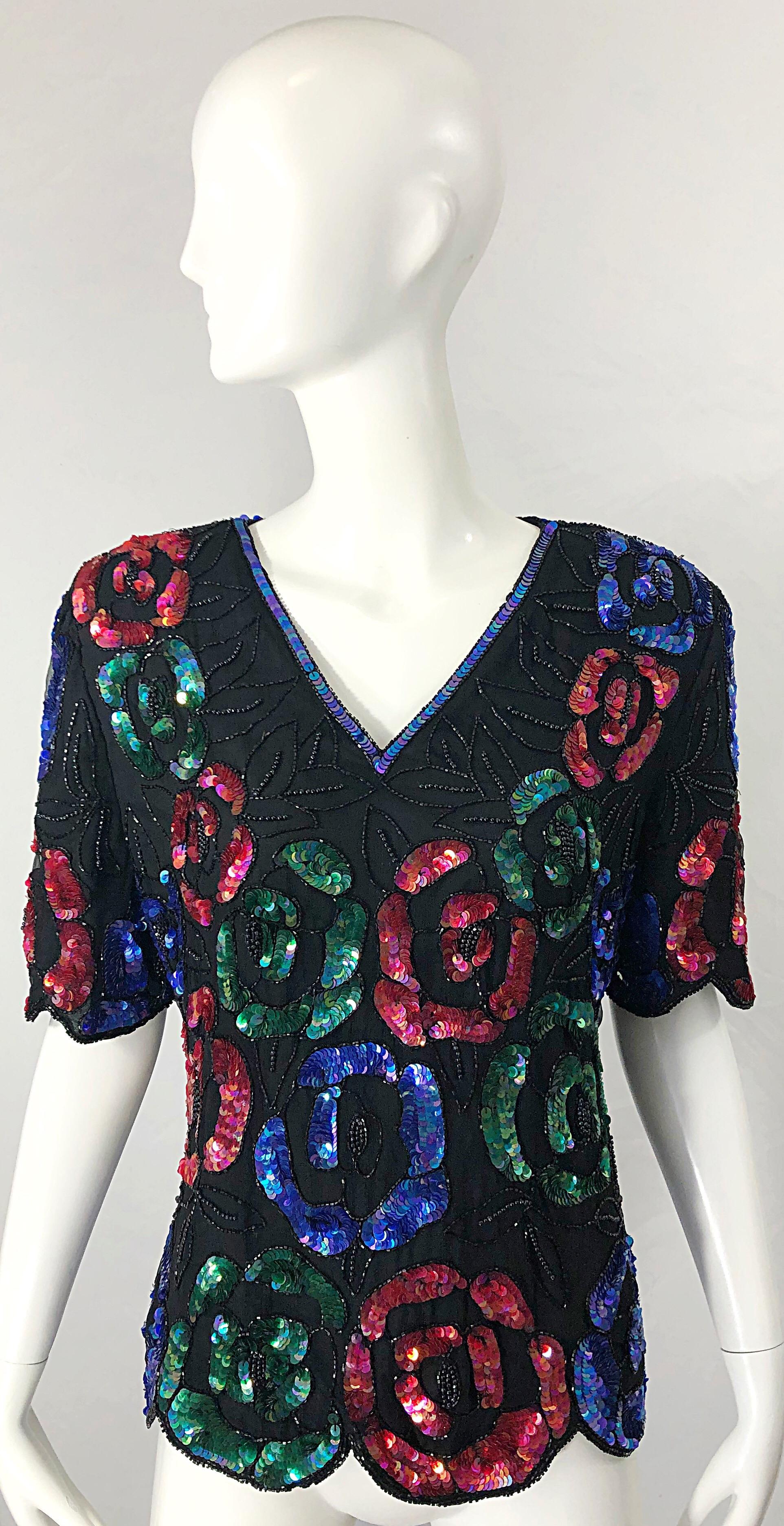1990s Black Silk Chiffon Sequin Beaded Flower Short Sleeve Vintage 90s Shirt Top For Sale 6