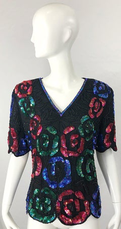 1990s Black Silk Chiffon Sequin Beaded Flower Short Sleeve Vintage 90s Shirt Top