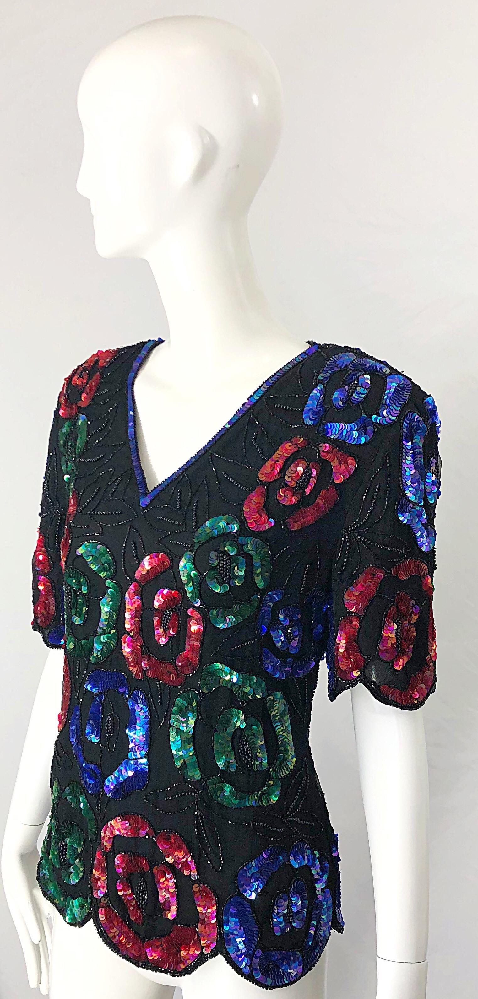 1990er Schwarzes Kurzärmeliges Vintage 90er Shirt Top aus Seide und Chiffon mit Pailletten, Perlen und Blumen im Angebot 1