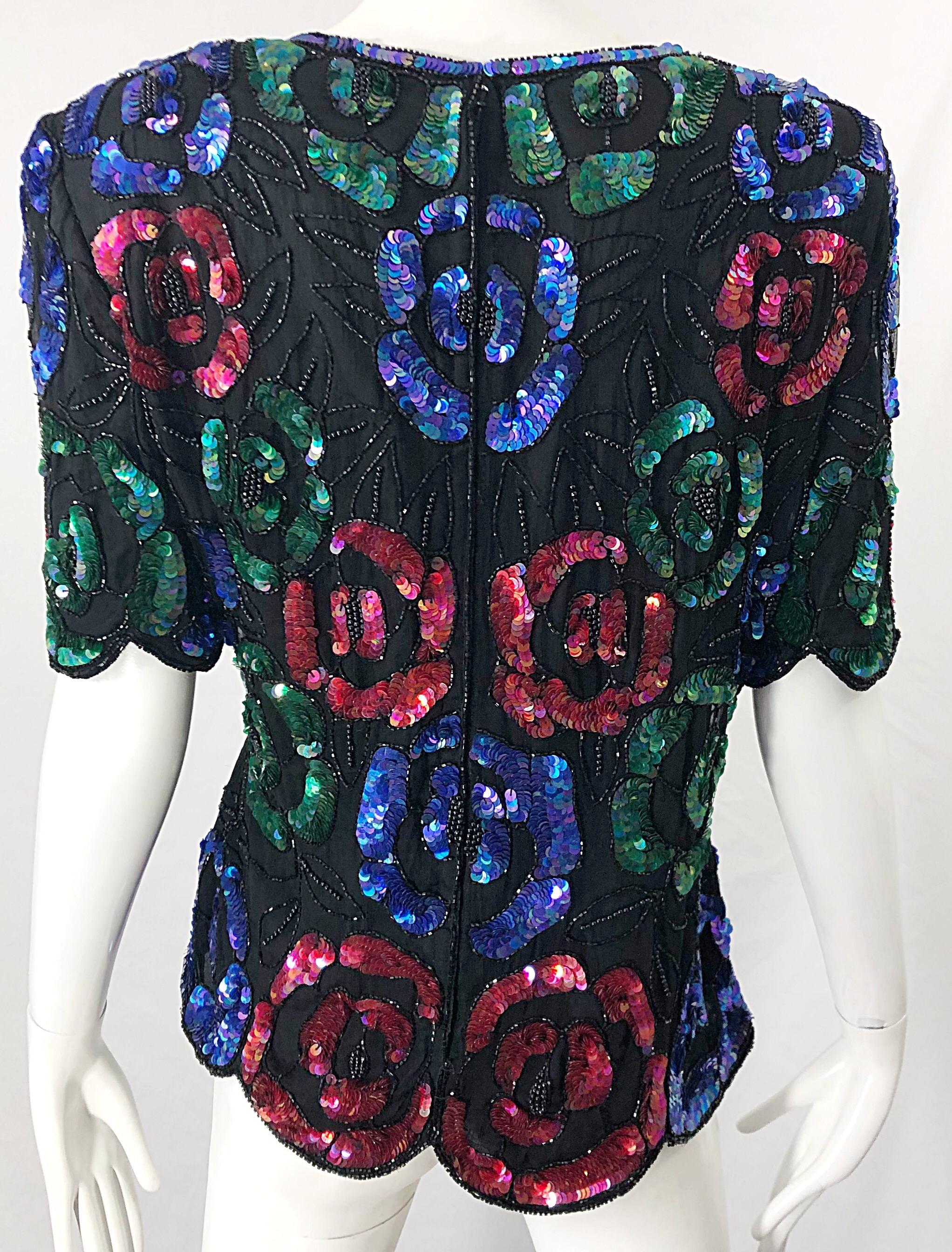 1990s Black Silk Chiffon Sequin Beaded Flower Short Sleeve Vintage 90s Shirt Top In Excellent Condition For Sale In San Diego, CA