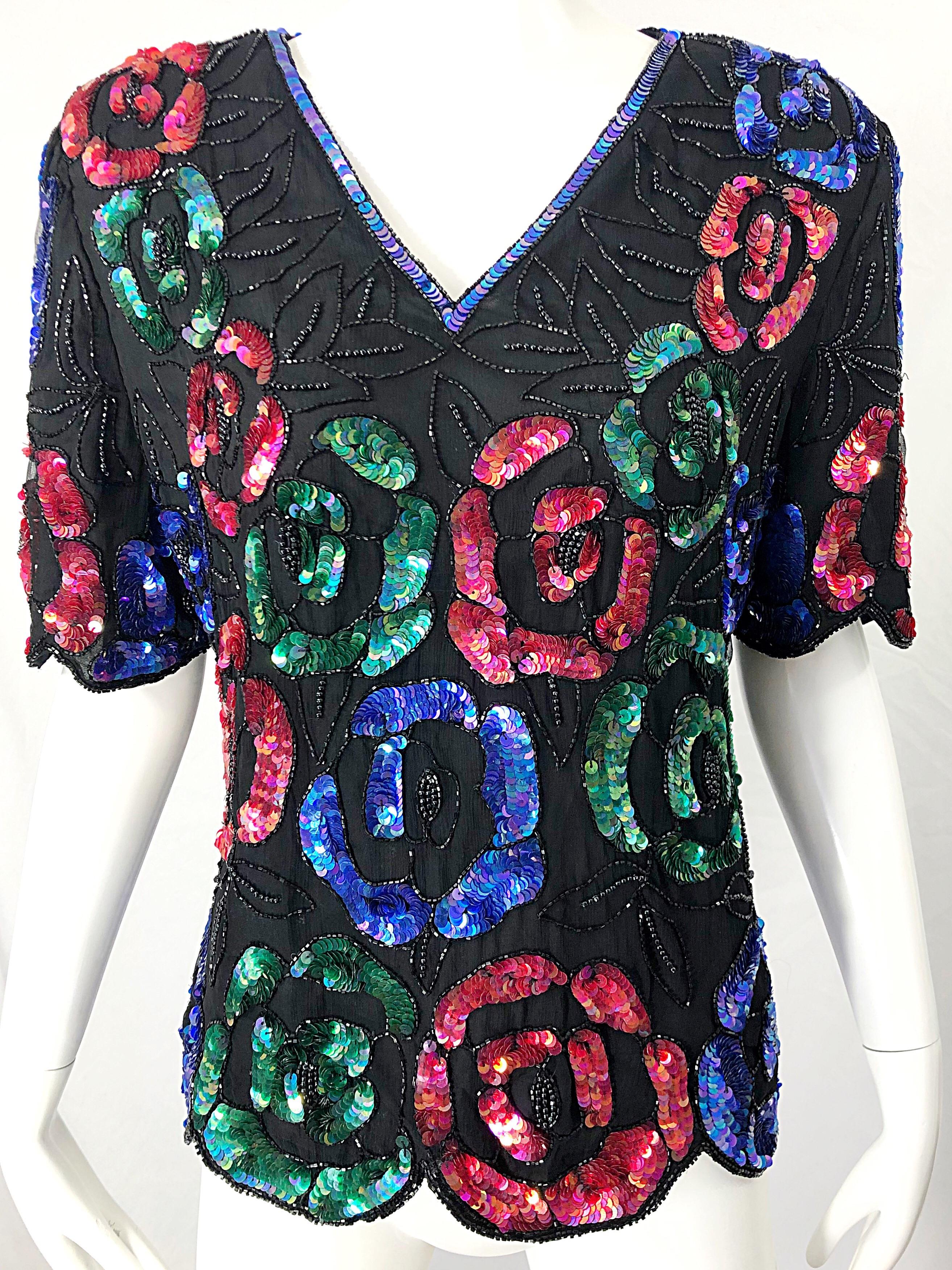 Women's 1990s Black Silk Chiffon Sequin Beaded Flower Short Sleeve Vintage 90s Shirt Top For Sale