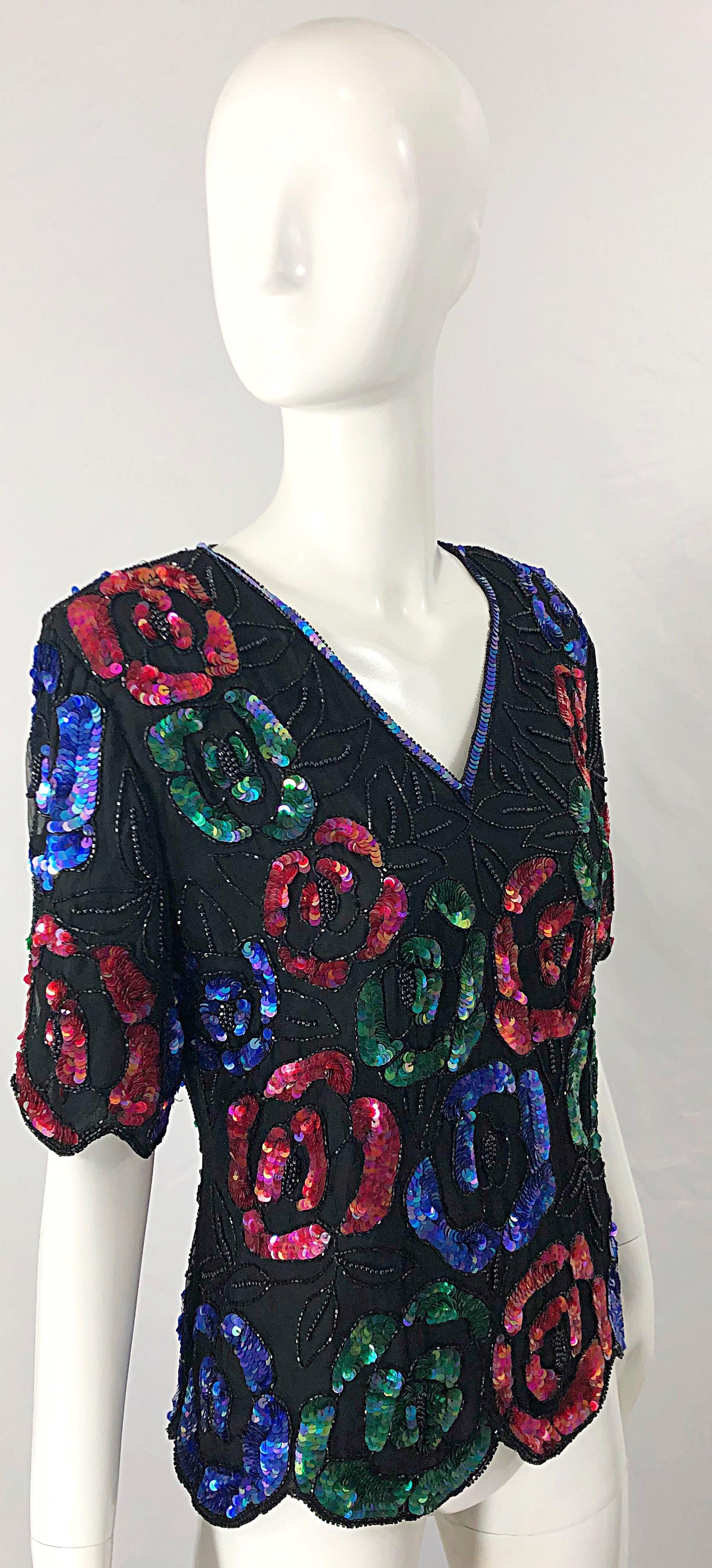 1990s Black Silk Chiffon Sequin Beaded Flower Short Sleeve Vintage 90s Shirt Top For Sale 1