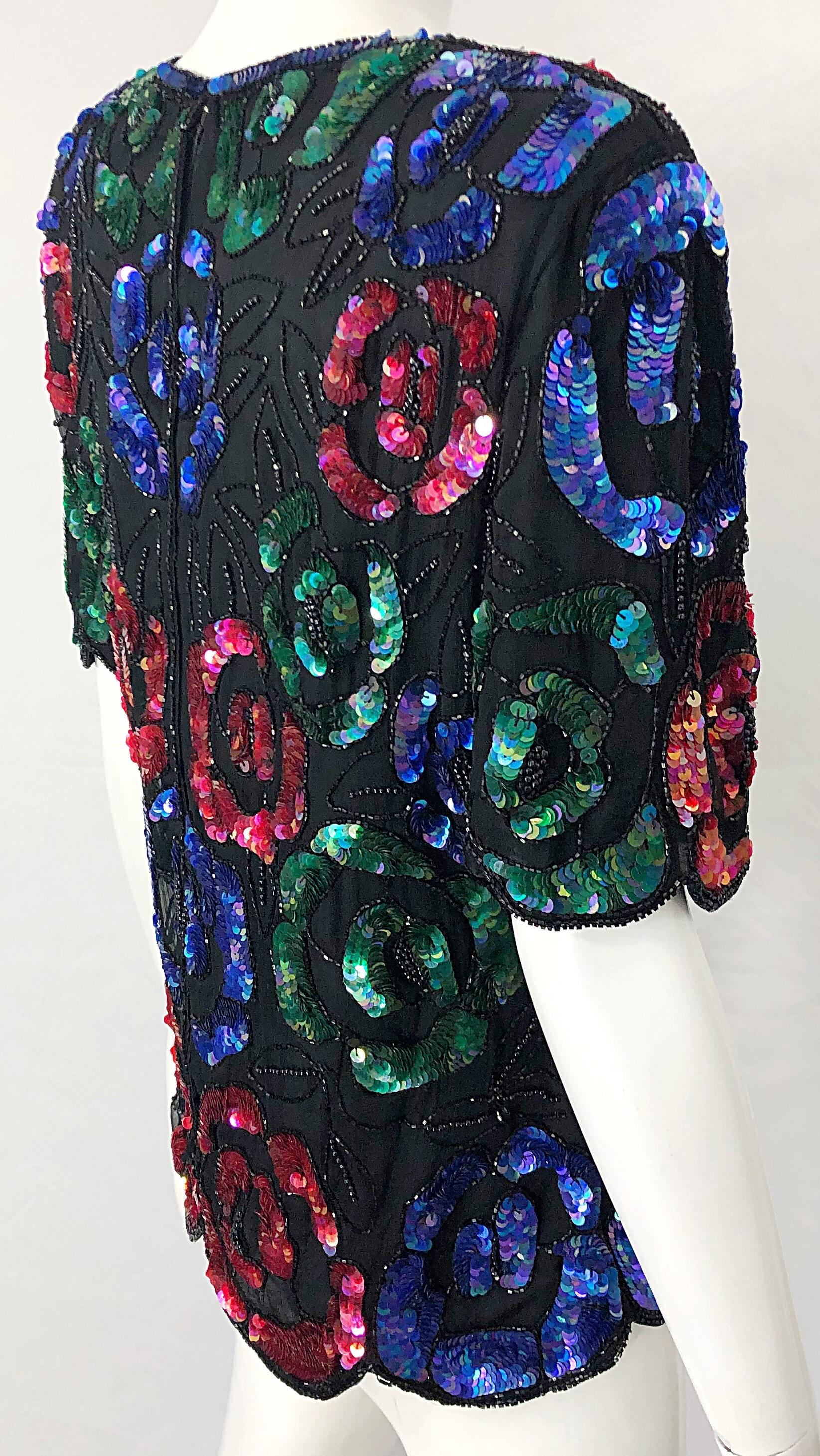 1990s Black Silk Chiffon Sequin Beaded Flower Short Sleeve Vintage 90s Shirt Top For Sale 2