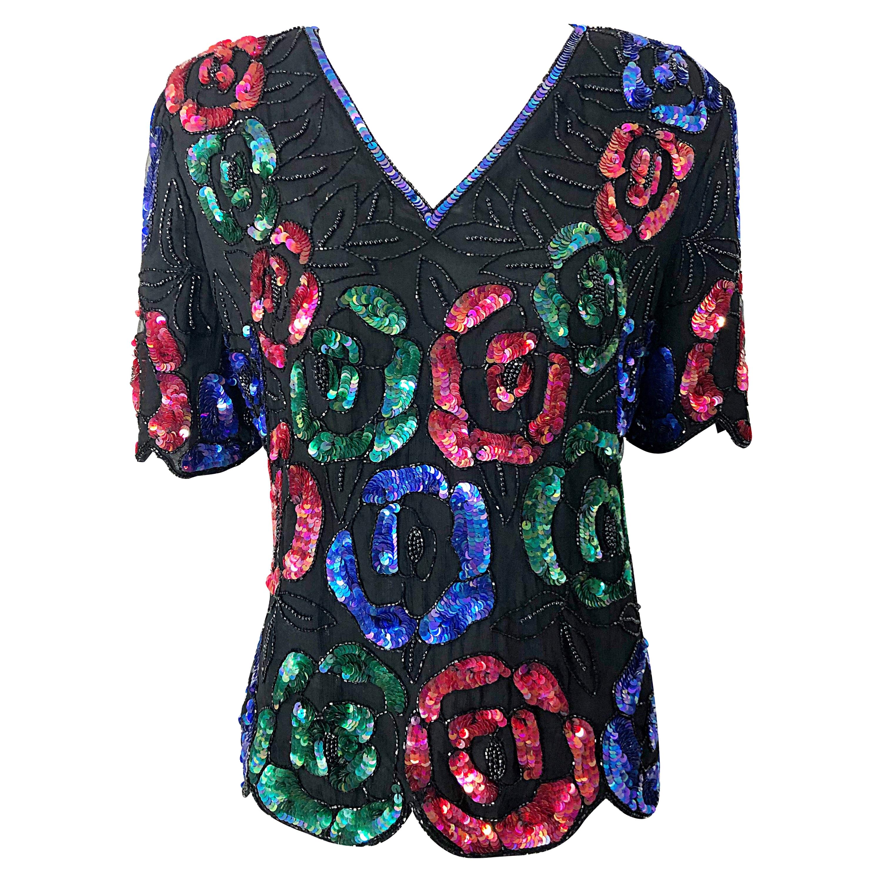 1990s Black Silk Chiffon Sequin Beaded Flower Short Sleeve Vintage 90s Shirt Top
