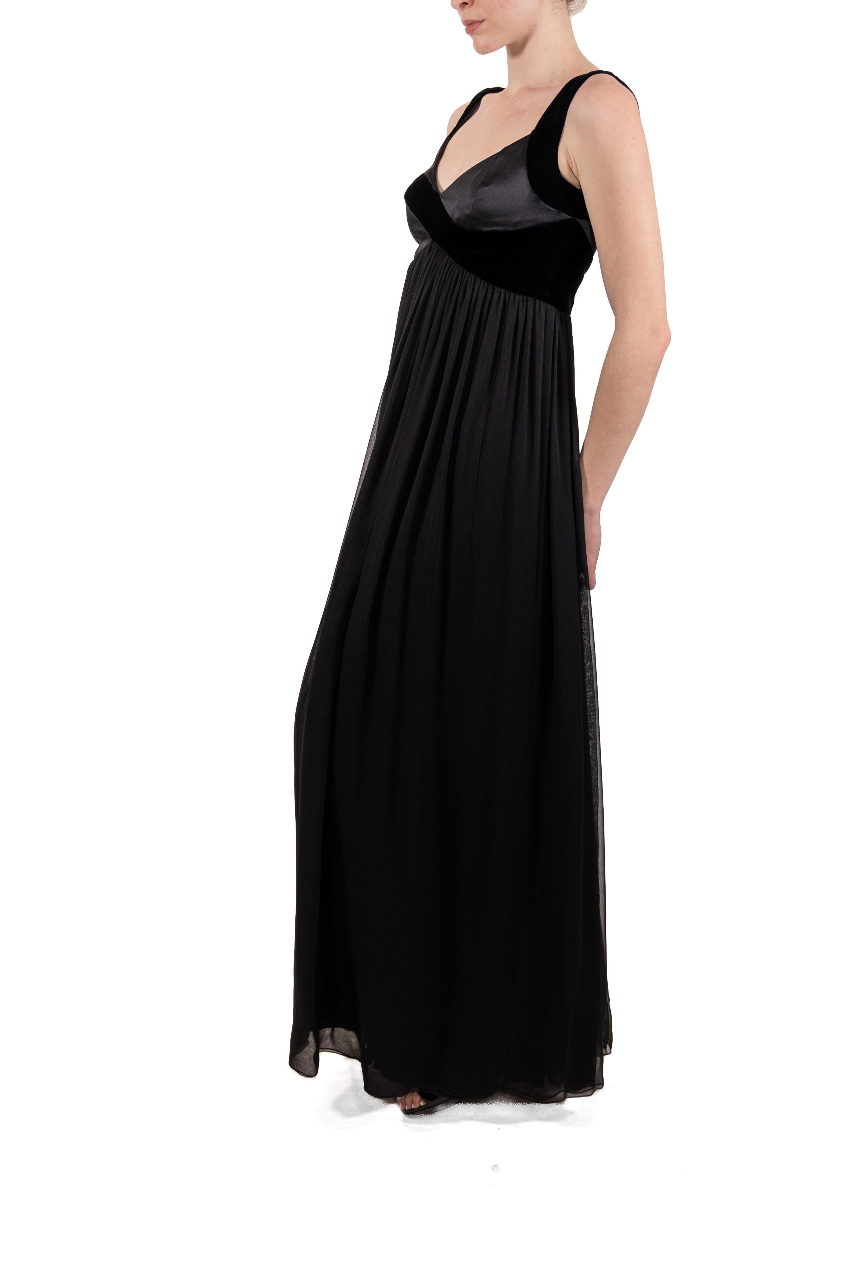 1990S Black Silk Chiffon & Velvet Asymmetrical Empire-Waist Gown In Good Condition For Sale In New York, NY