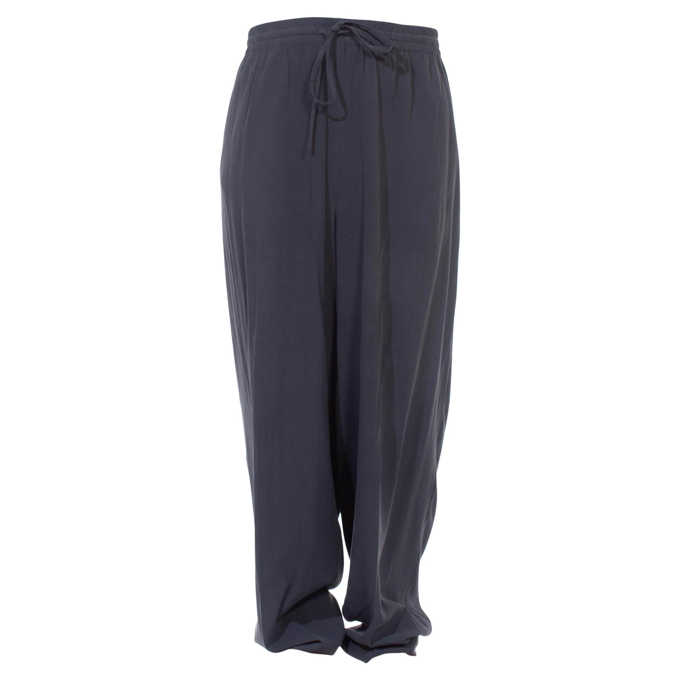 1990S Black Silk Faded Wash Elastic & Drawstring Pants For Sale