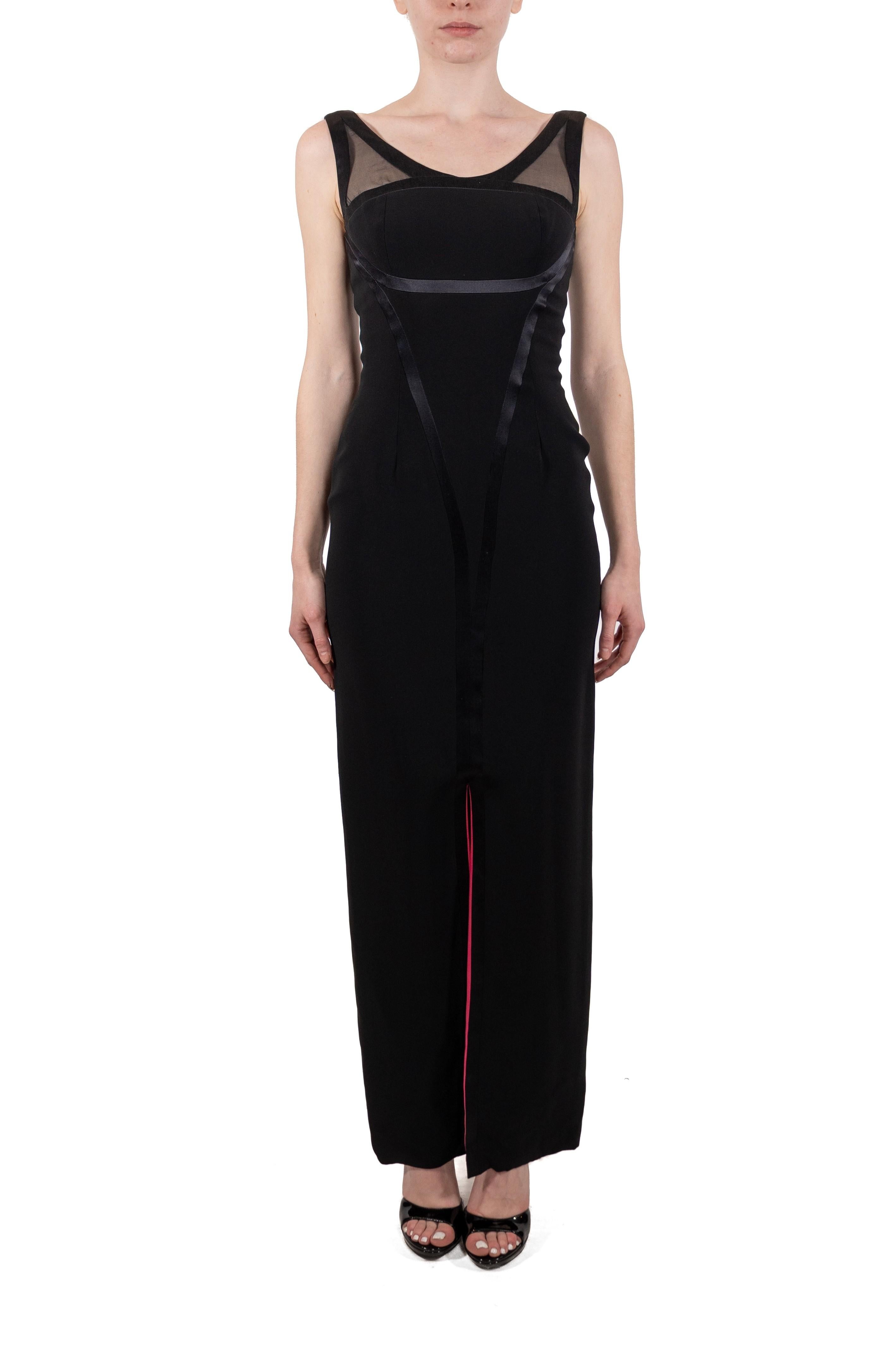 This gown retains no label, however the amount of hand-finishing points to Haute Couture or custom made quality, fully lined in silk. 1990S Black Silk Faille Deco Seamed Gown Lined In Hot Pink Satin 