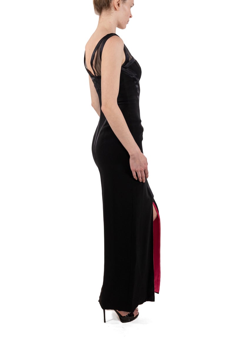 1990S Black Silk Faille Deco Seamed Gown Lined In Hot Pink Satin For Sale  at 1stDibs