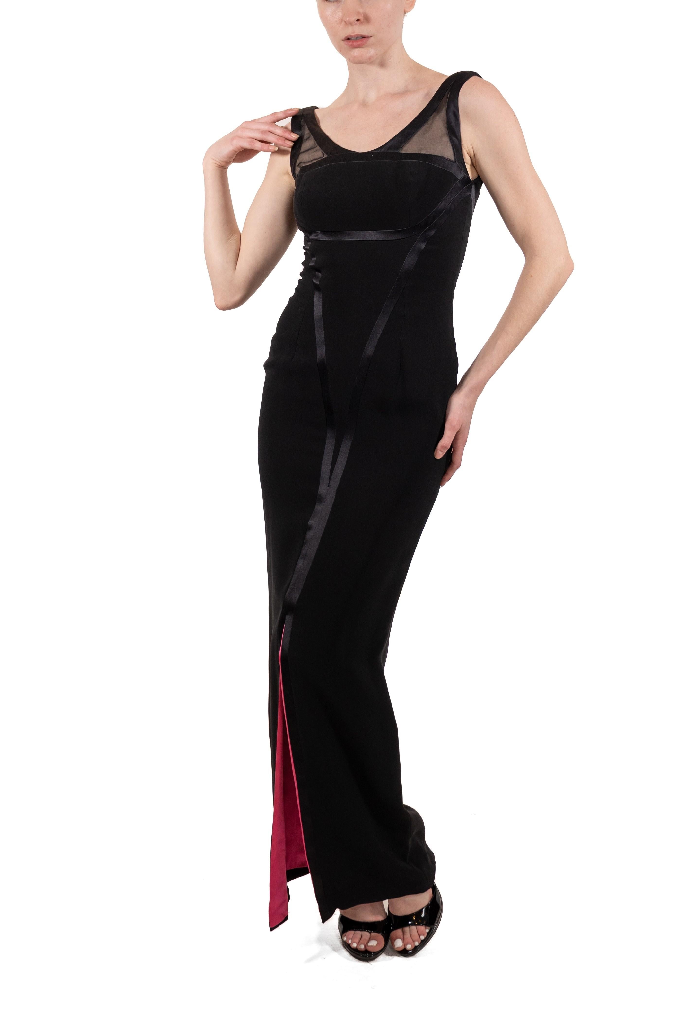 1990S Black Silk Faille Deco Seamed Gown Lined In Hot Pink Satin For Sale 5