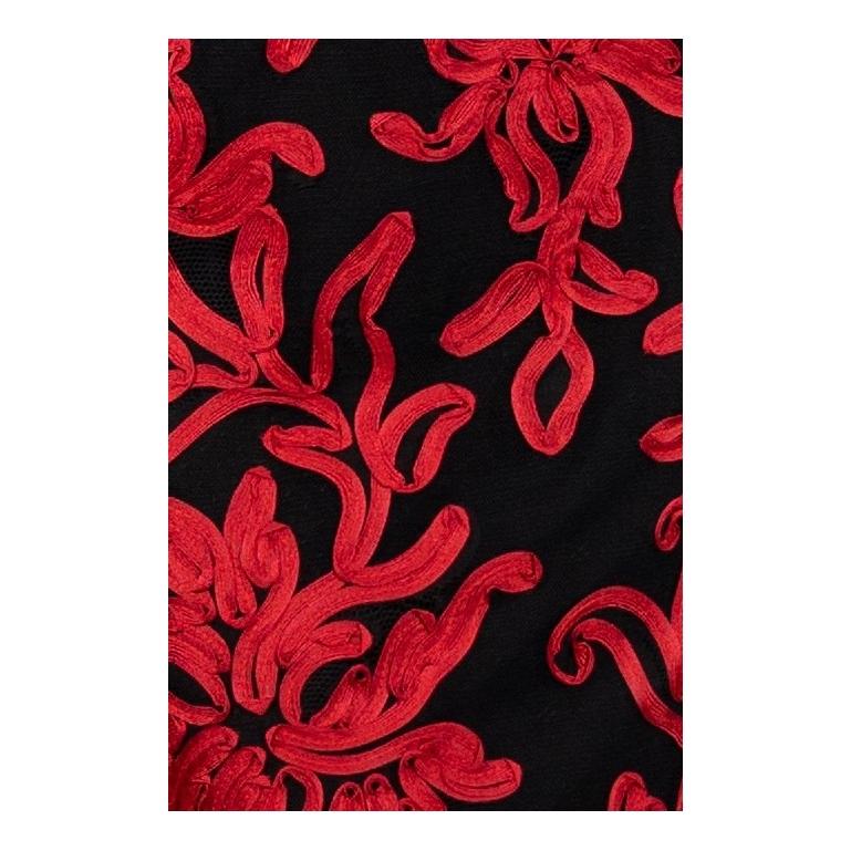 1990S Black Silk & Lace Strapless Gown Covered In Red Floral Braid For Sale 6