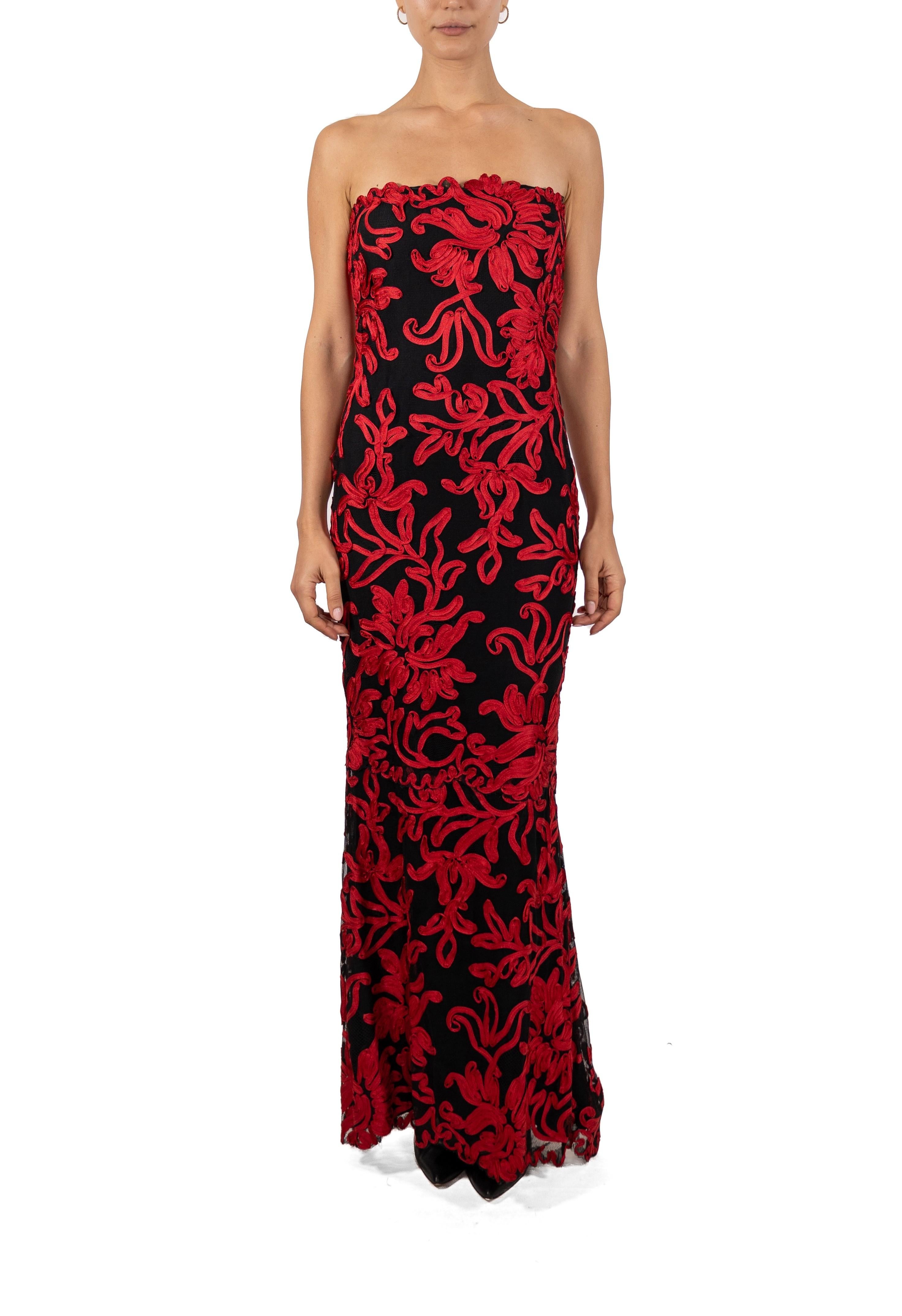 This gown retains no label, however the amount of hand-finishing points to Haute Couture or custom made quality, fully lined in silk. 1990S Black Silk & Lace Strapless Gown Covered In Red Floral Braid 
