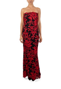 1990S Black Silk & Lace Strapless Gown Covered In Red Floral Braid