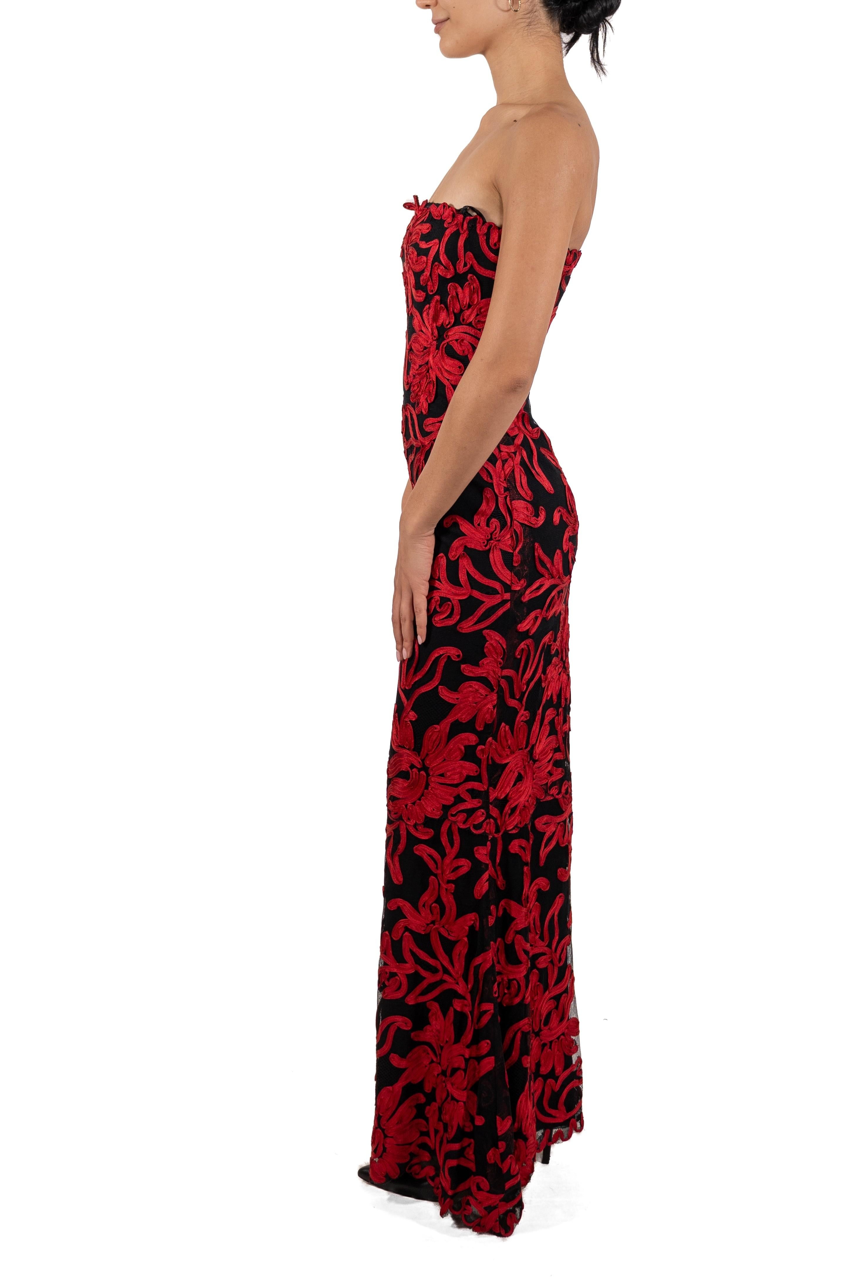 1990S Black Silk & Lace Strapless Gown Covered In Red Floral Braid In Good Condition For Sale In New York, NY