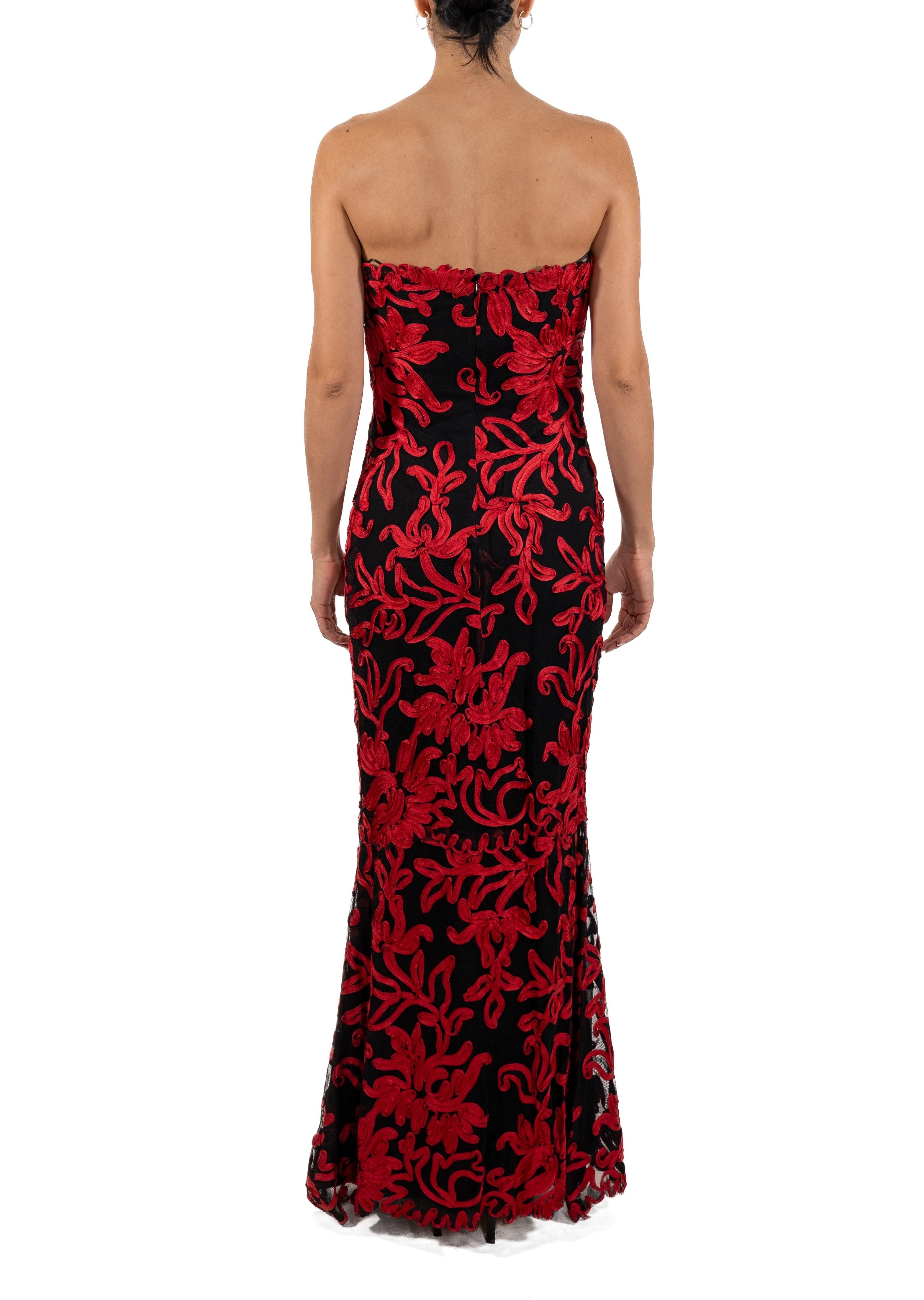 1990S Black Silk & Lace Strapless Gown Covered In Red Floral Braid For Sale 1