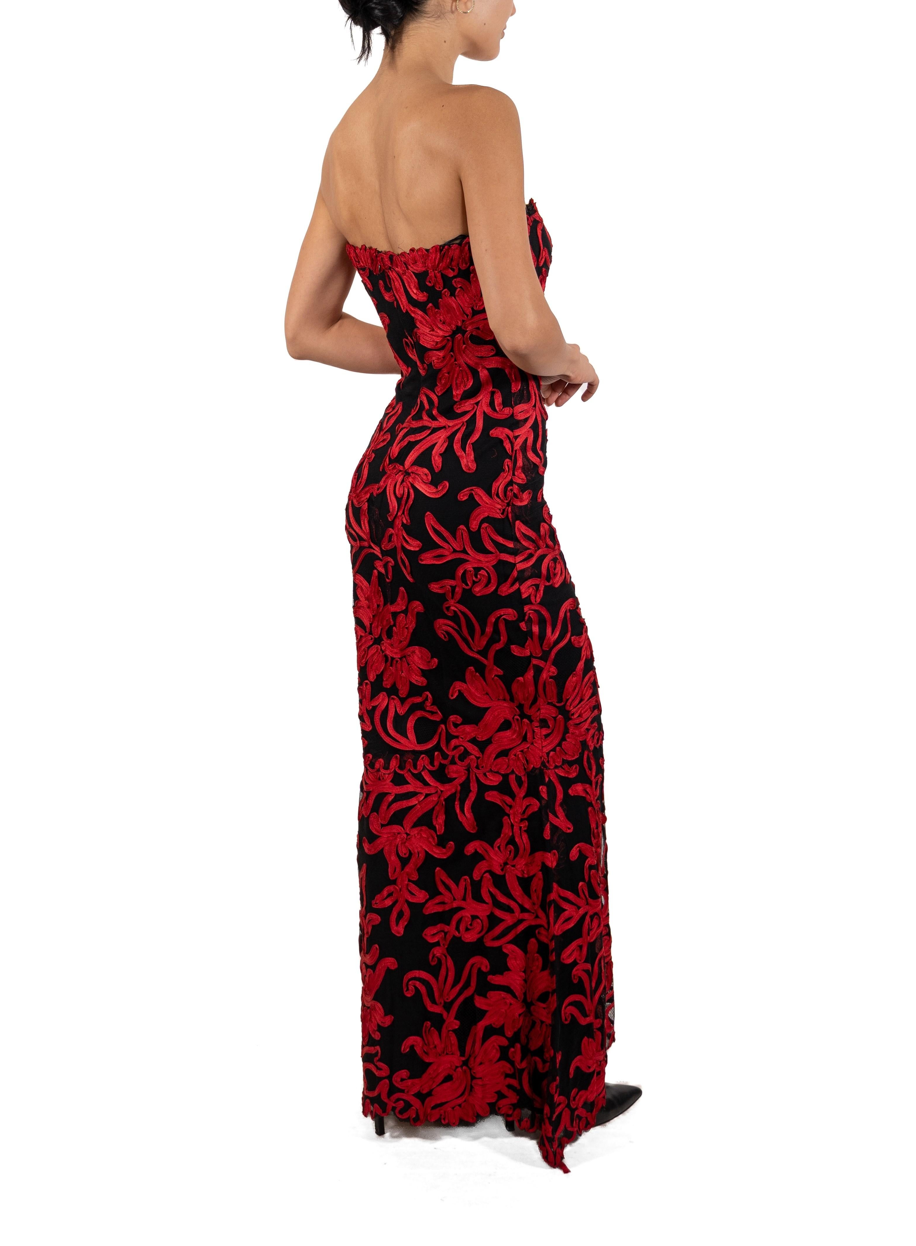 1990S Black Silk & Lace Strapless Gown Covered In Red Floral Braid For Sale 2