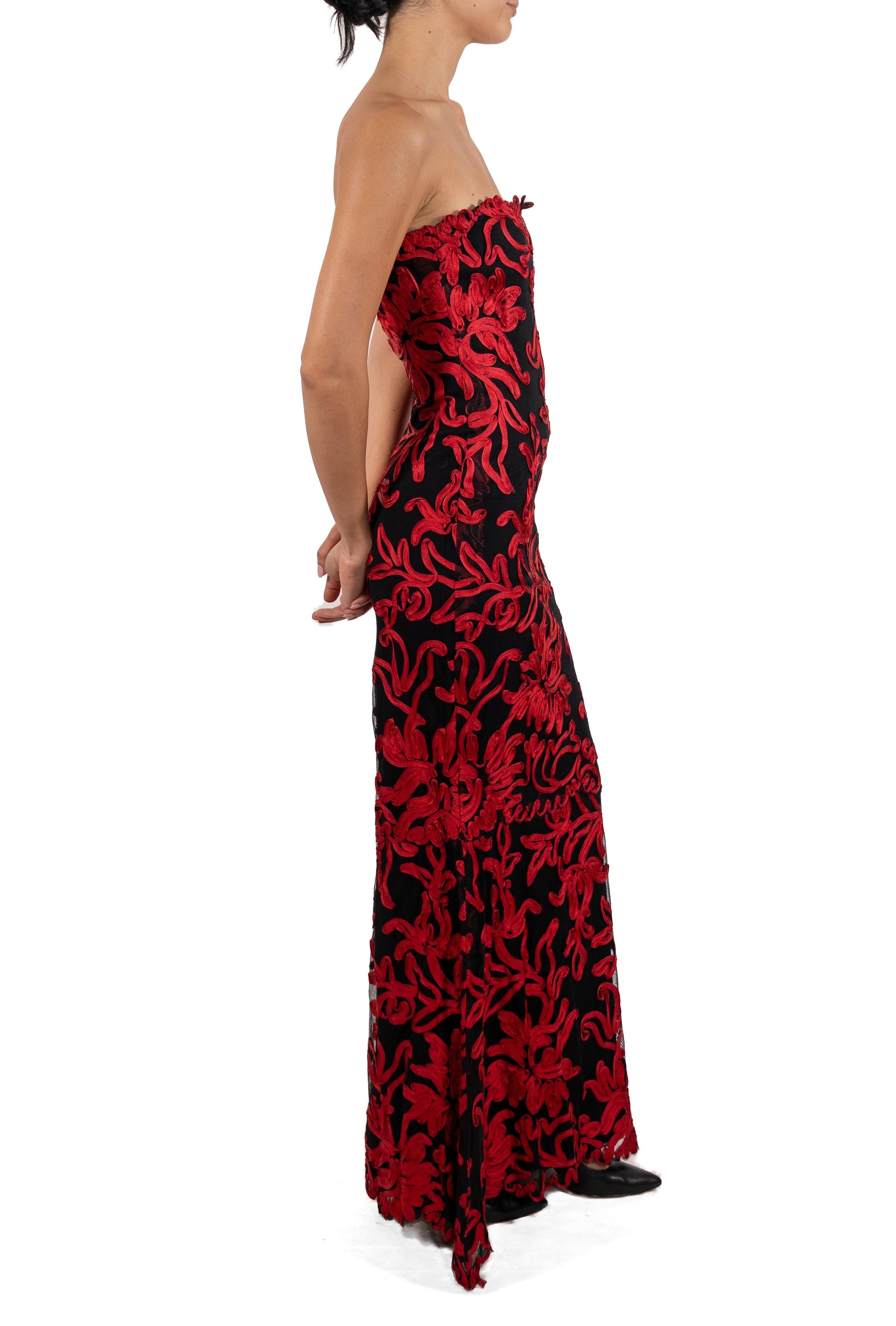 1990S Black Silk & Lace Strapless Gown Covered In Red Floral Braid For Sale 3