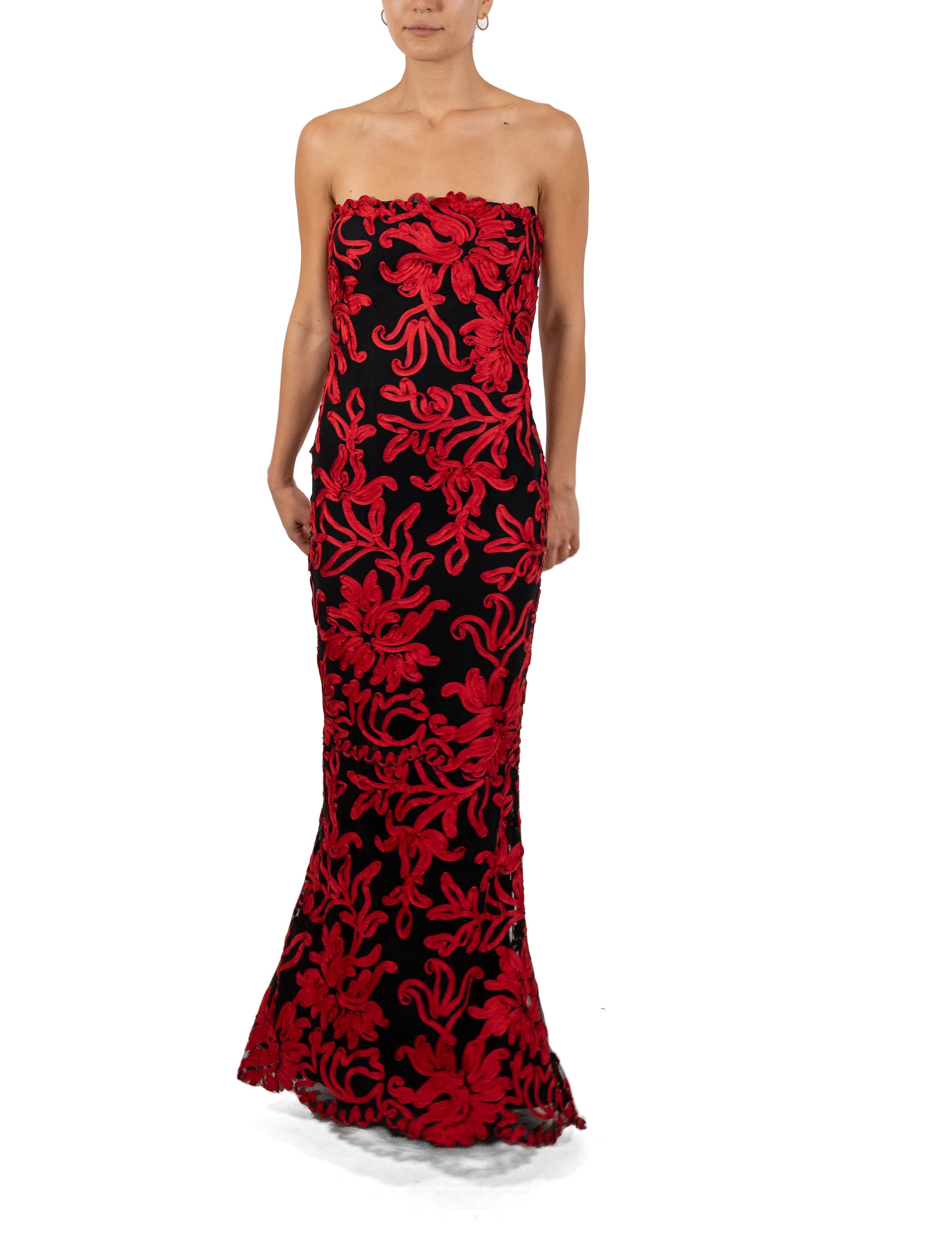 1990S Black Silk & Lace Strapless Gown Covered In Red Floral Braid For Sale 4